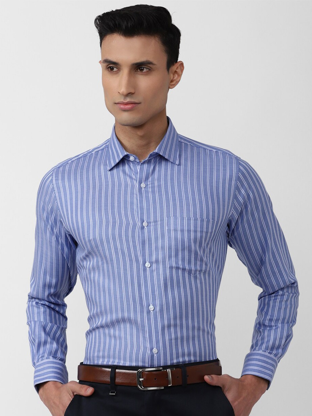 

Van Heusen Men Striped Pure Cotton Formal Shirt, Blue
