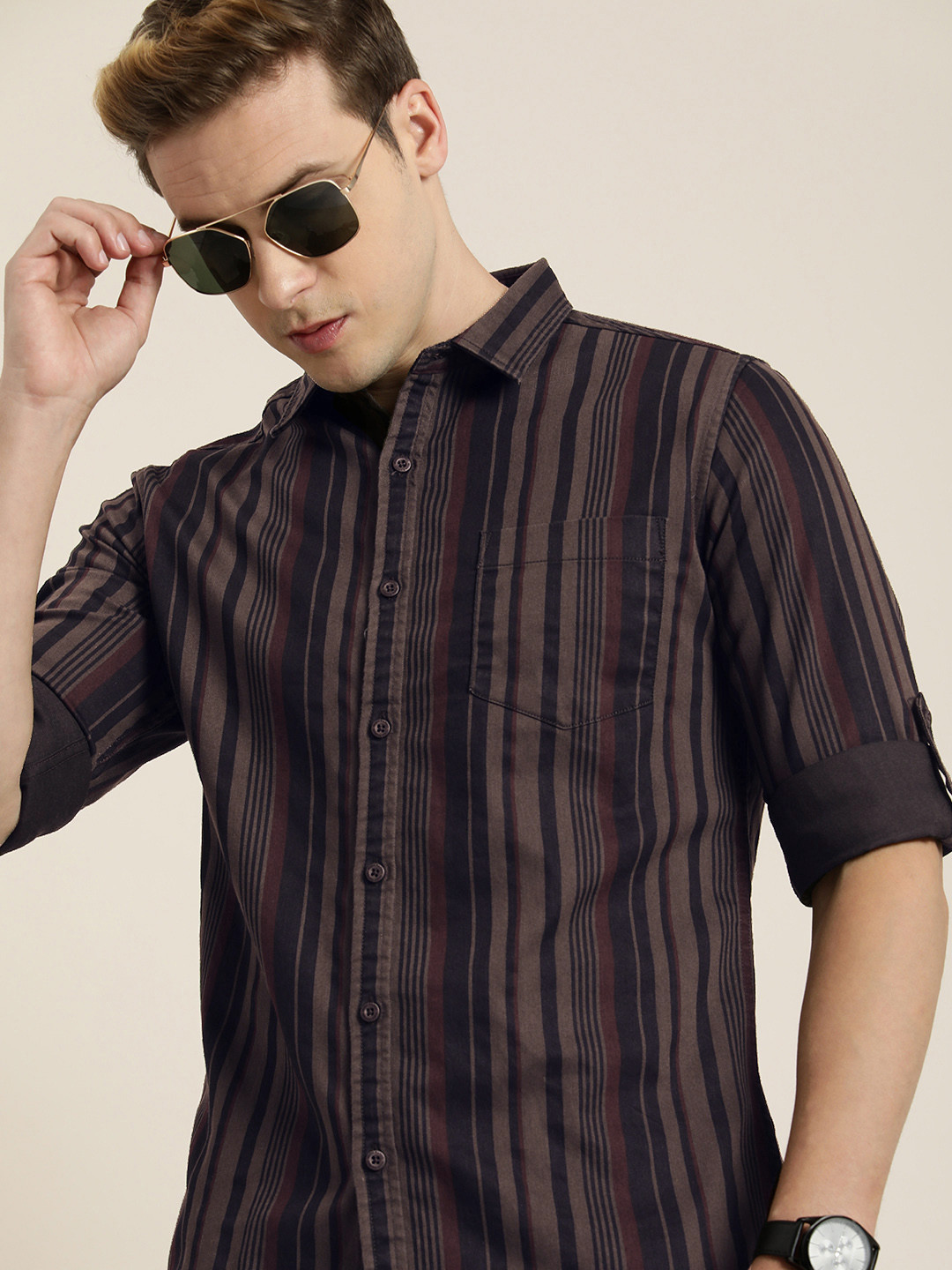 

Moda Rapido Men Slim Fit Striped Roll-Up Sleeves Casual Shirt, Olive