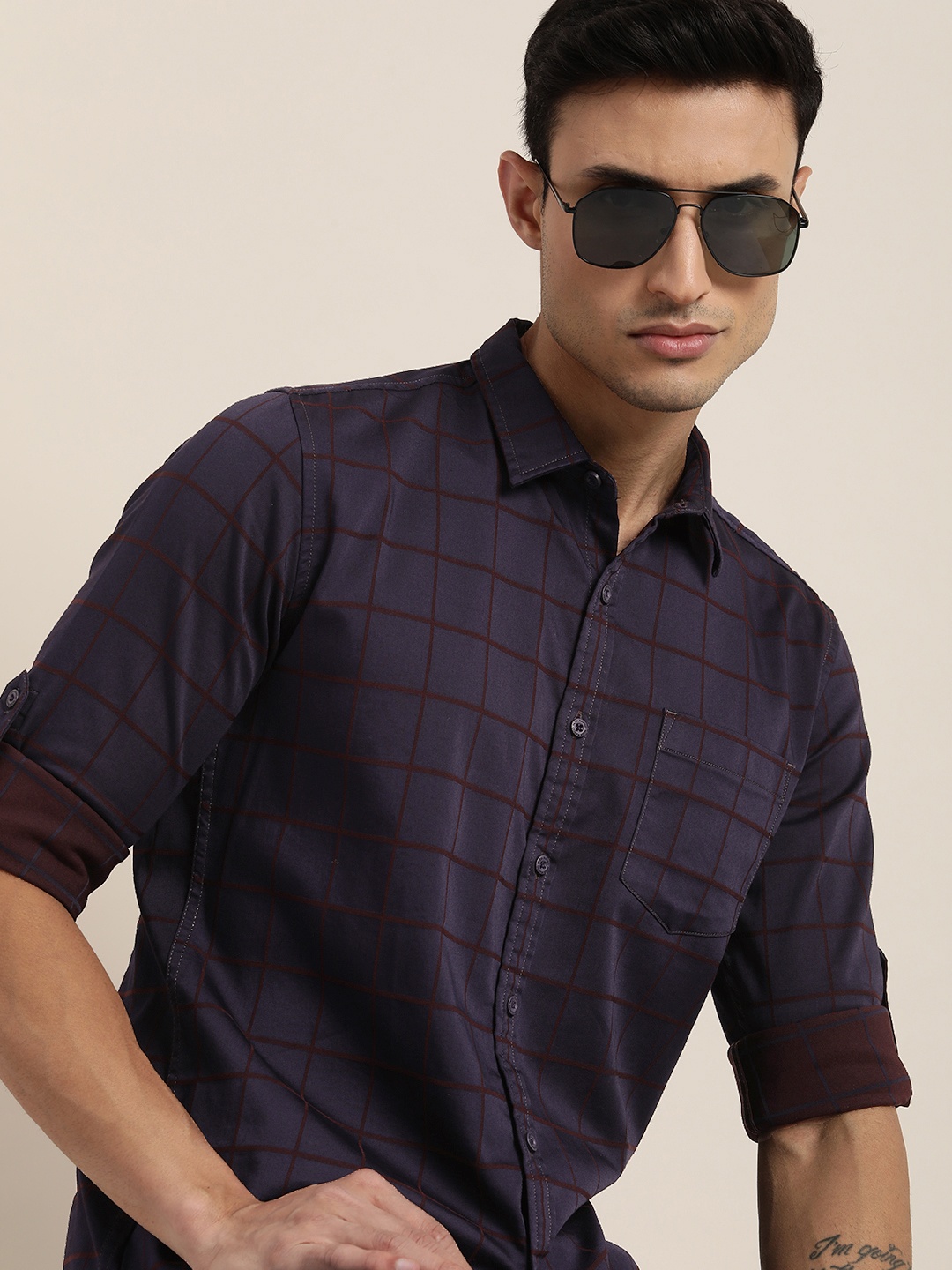 

Moda Rapido Men Slim Fit Windowpane Checks Casual Shirt, Purple