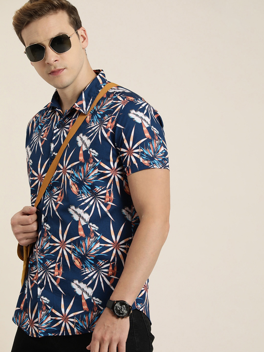 

Moda Rapido Men Pure Cotton Slim Fit Tropical Printed Casual Shirt, Navy blue