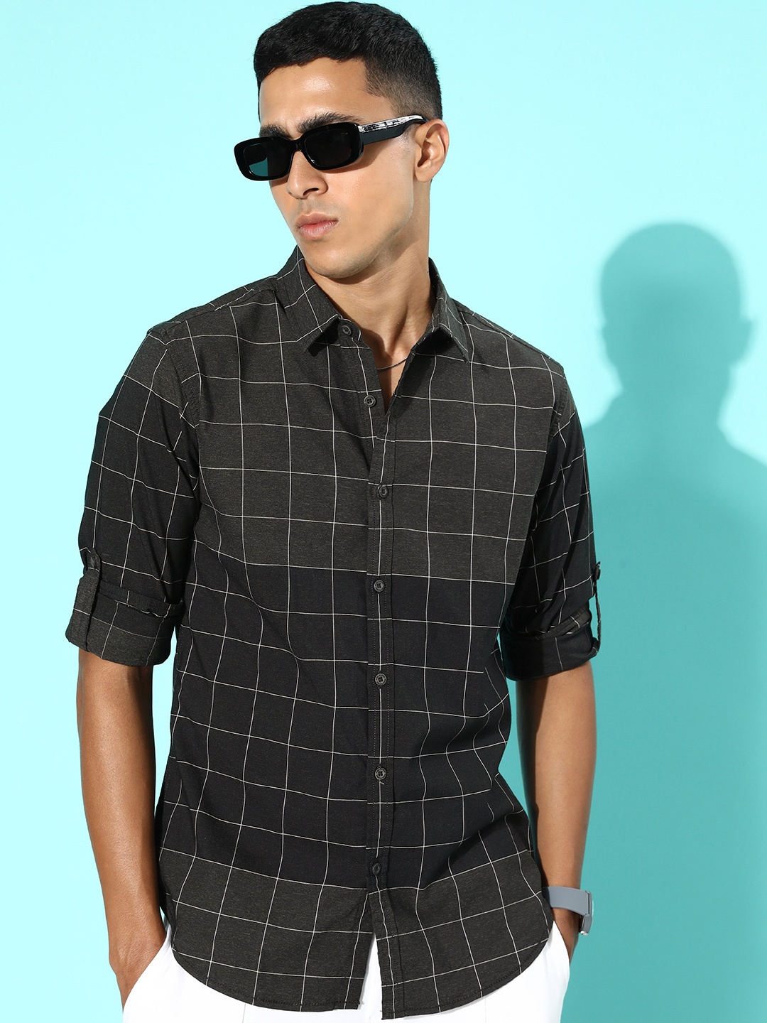 

Moda Rapido Men Slim Fit Windowpane Checks Spread Collar Casual Shirt, Grey
