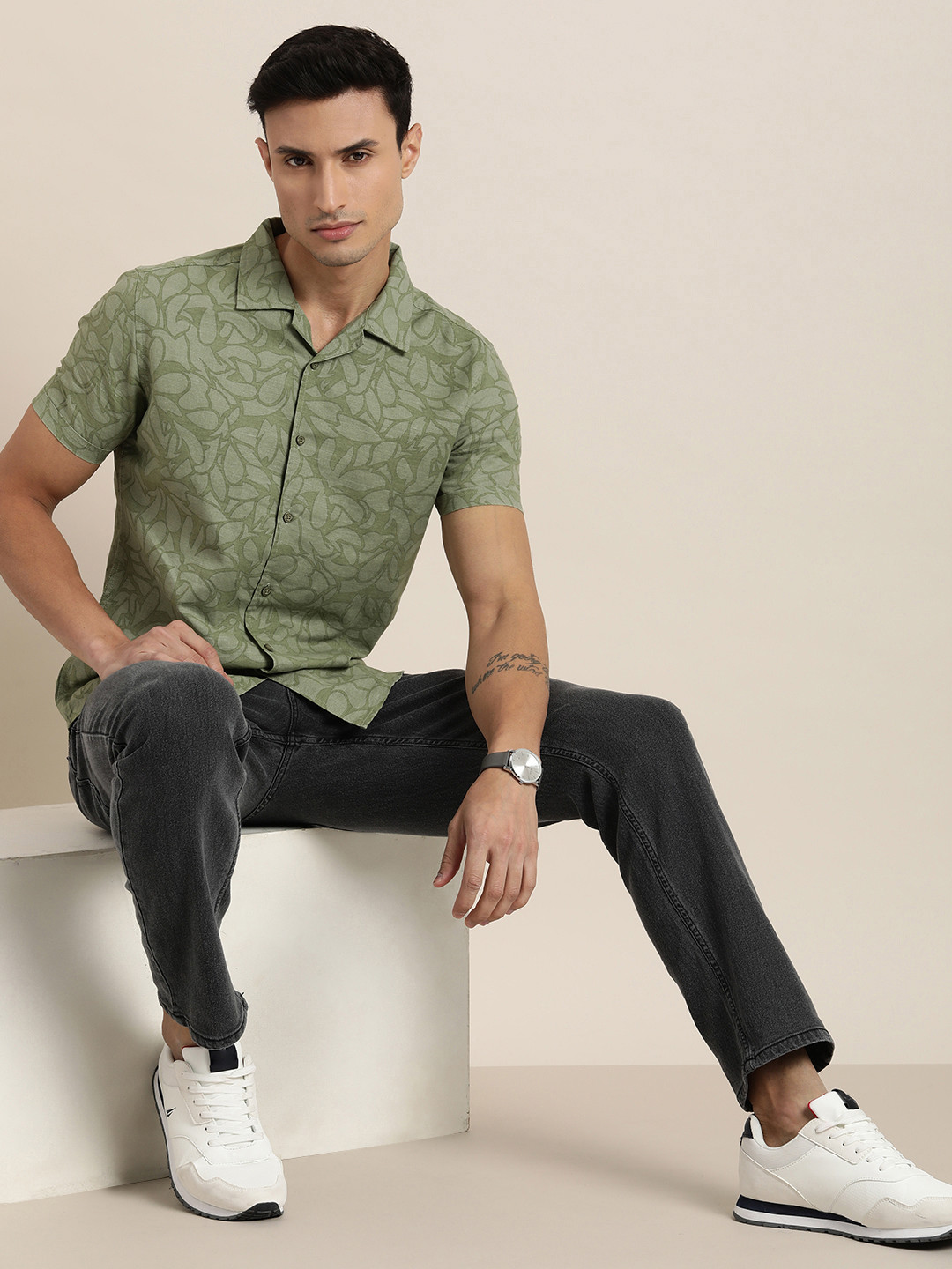 

Moda Rapido Men Cotton Linen Slim Fit Ethnic Printed Casual Shirt, Green