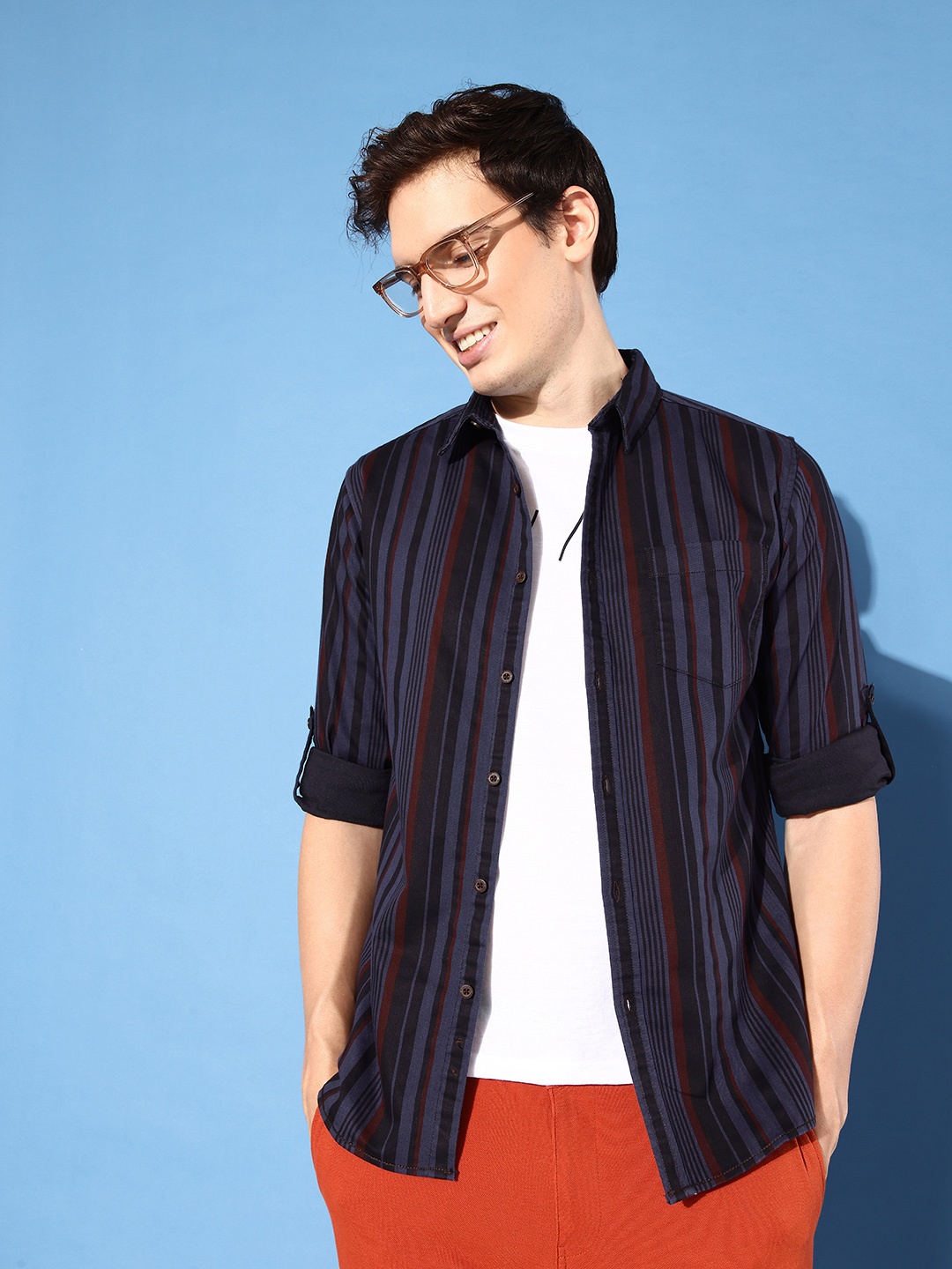 

Moda Rapido Men Navy Blue Slim Fit MCW Nostalgic Back To School Retro Streaks Shirt