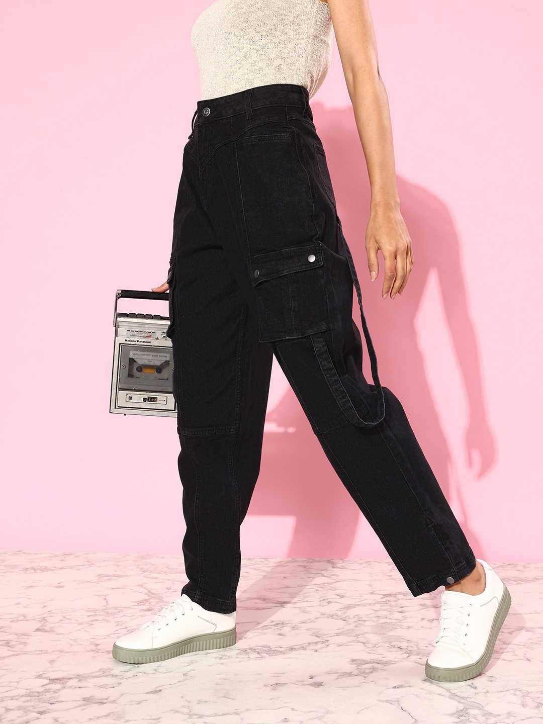 

The Roadster Lifestyle Co. Women Jet Black High Rise Slouchy Hollaback Hipster Cargoes
