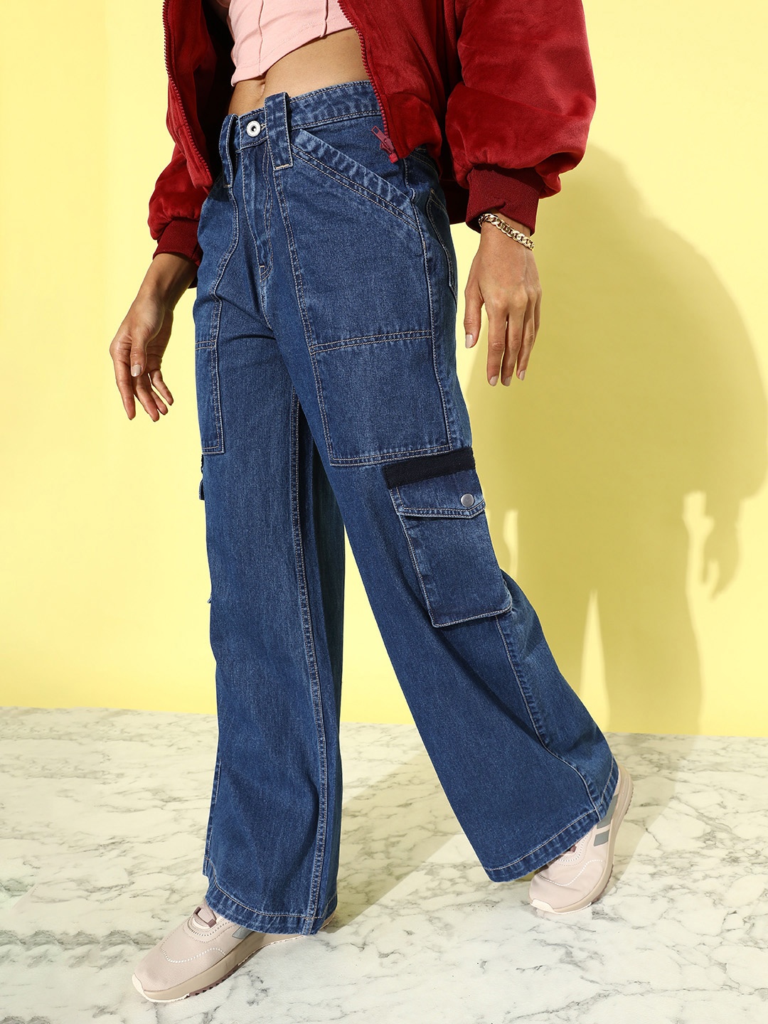 

The Roadster Life Co. Women Night Sky Blue Wide Leg High-Rise Cotton Hipster Cargoes Jeans