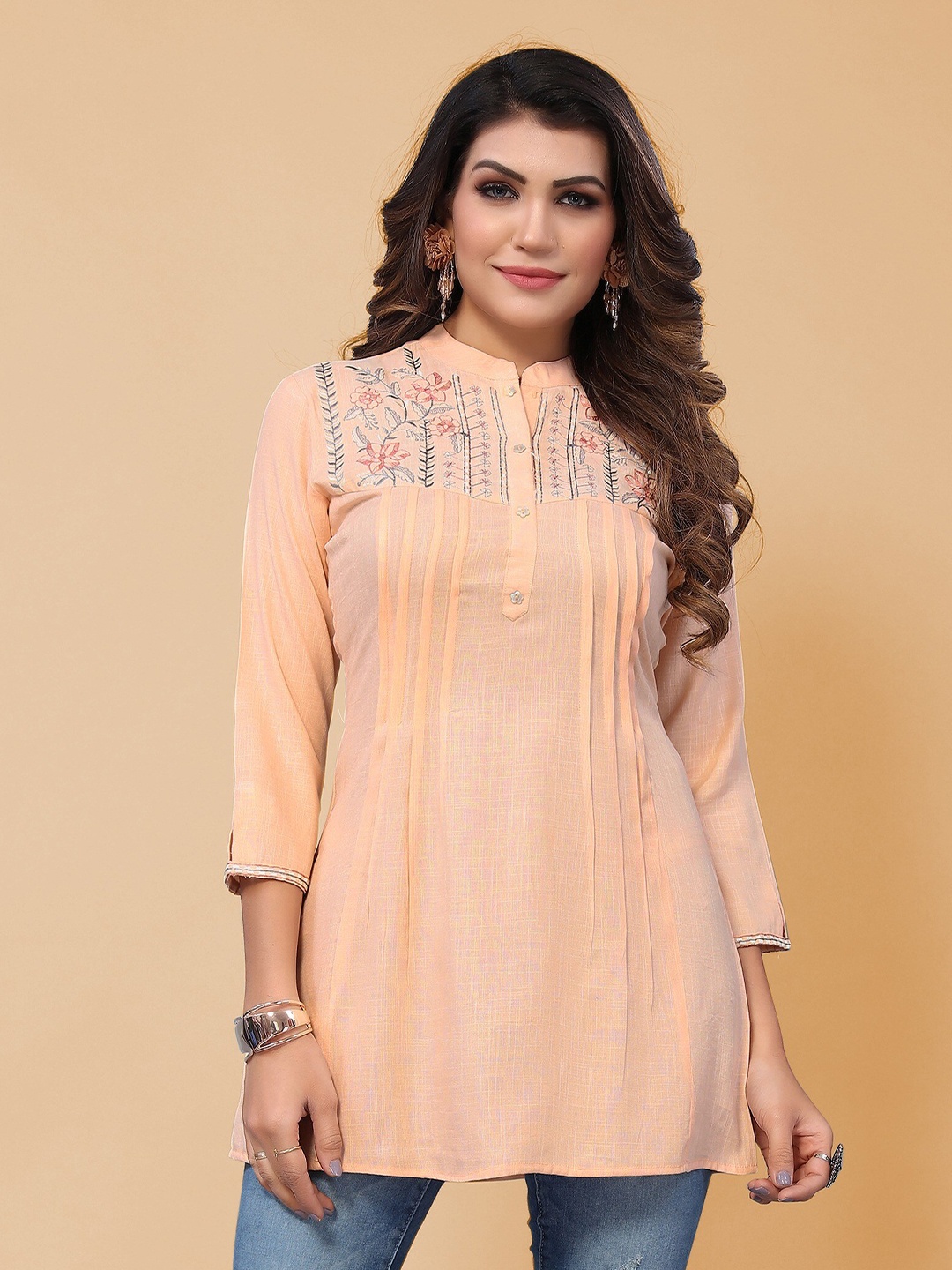 

KALINI Floral Embroidered Mandarin Collar Longline Top, Orange