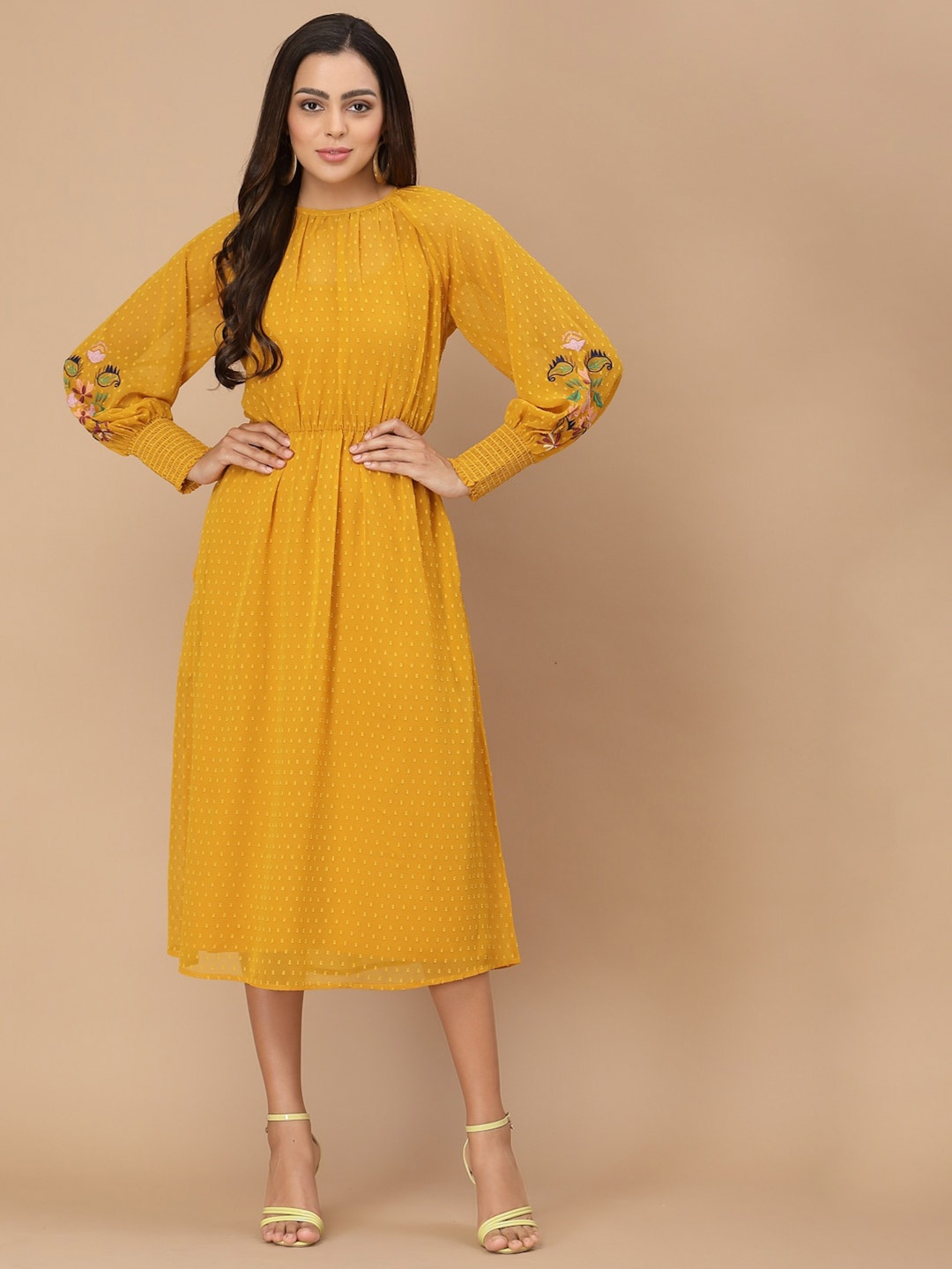 

HOUSE OF KKARMA Puff Sleeve Georgette Midi Dress, Yellow