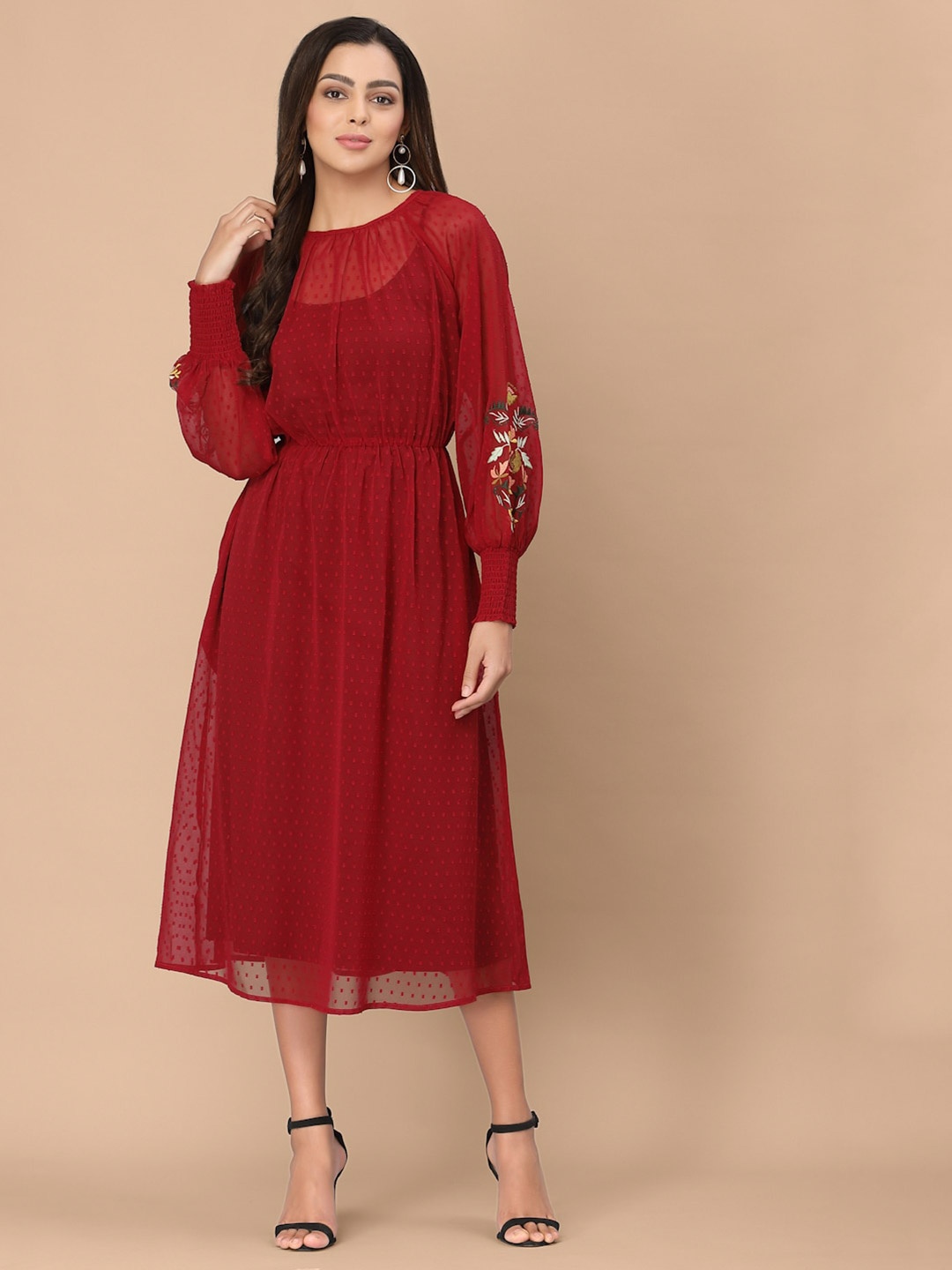 

HOUSE OF KKARMA Puff Sleeve Georgette Midi Dress, Red