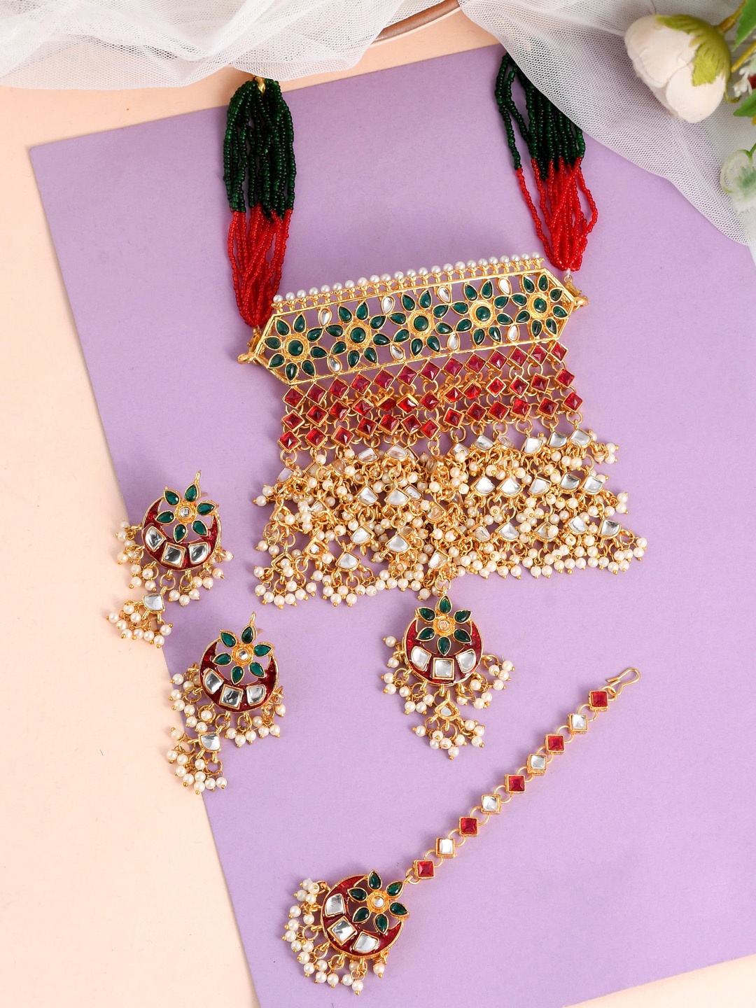 

Silvermerc Designs Gold-Plated Kundan-Studded & Beaded Jewellery Set