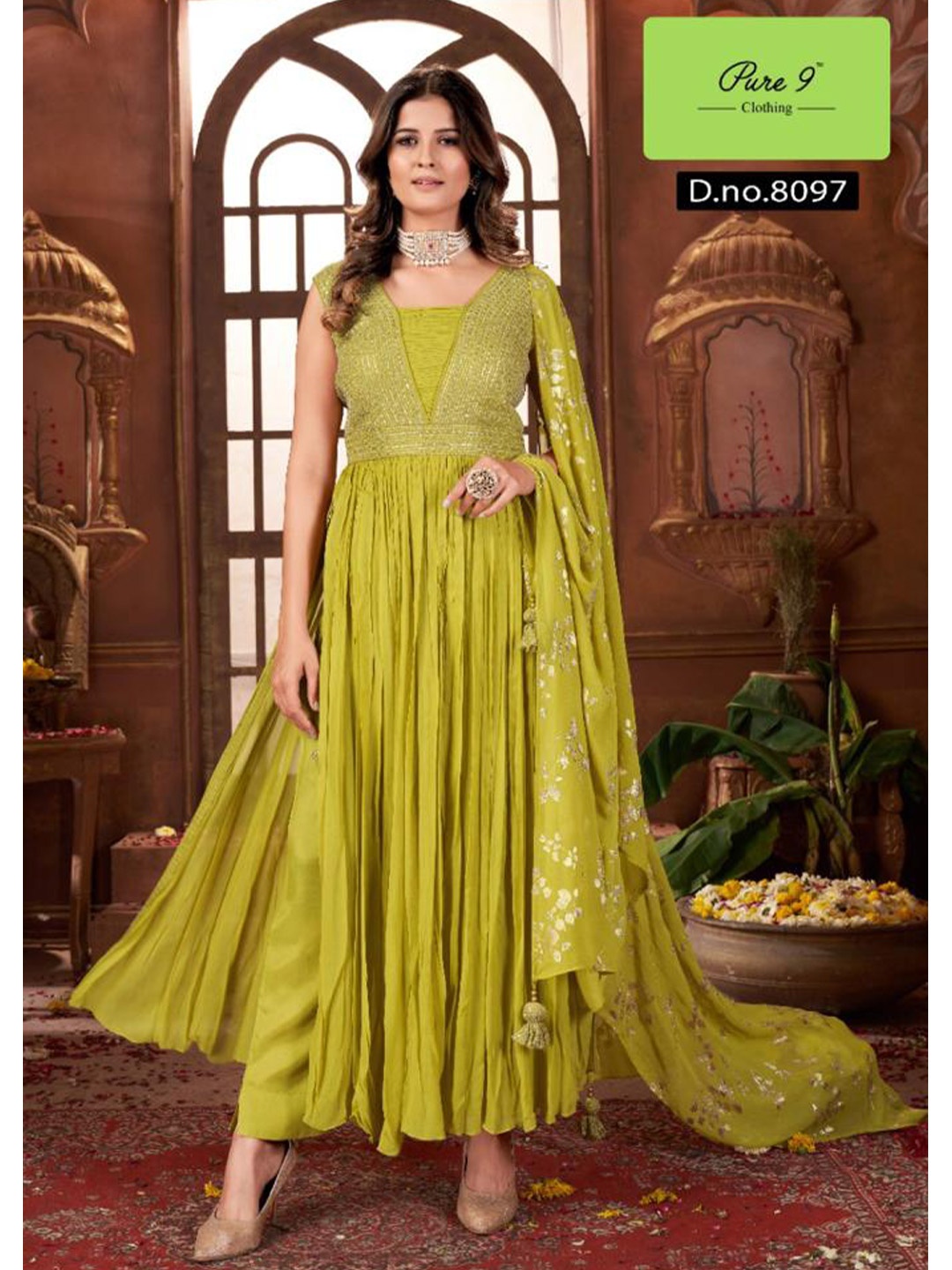 

Pure 9 Embellished Midi Dress With Dupatta, Green