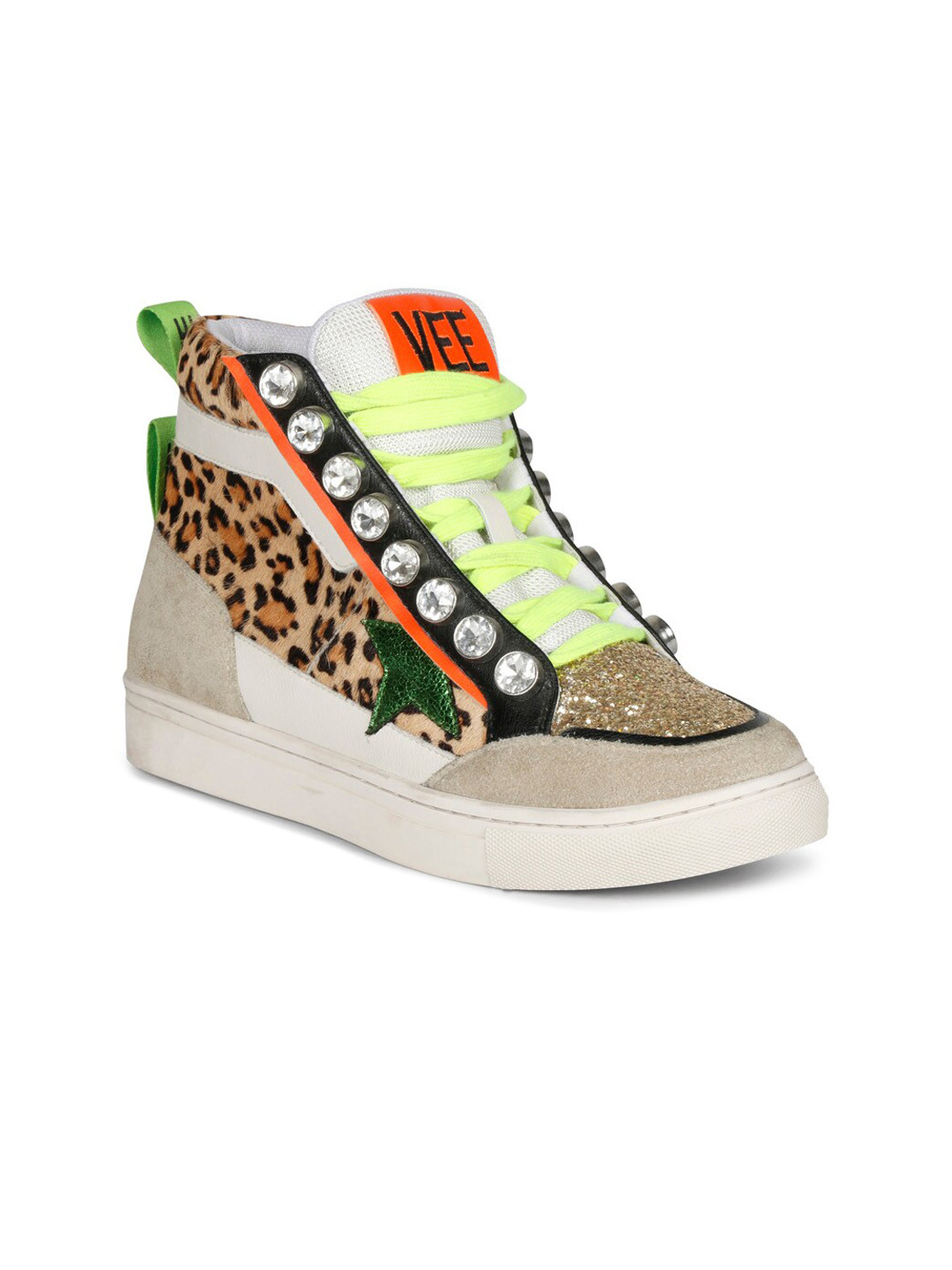 

Saint G Women Printed Embellished Mid-Top Leather Sneakers, Beige