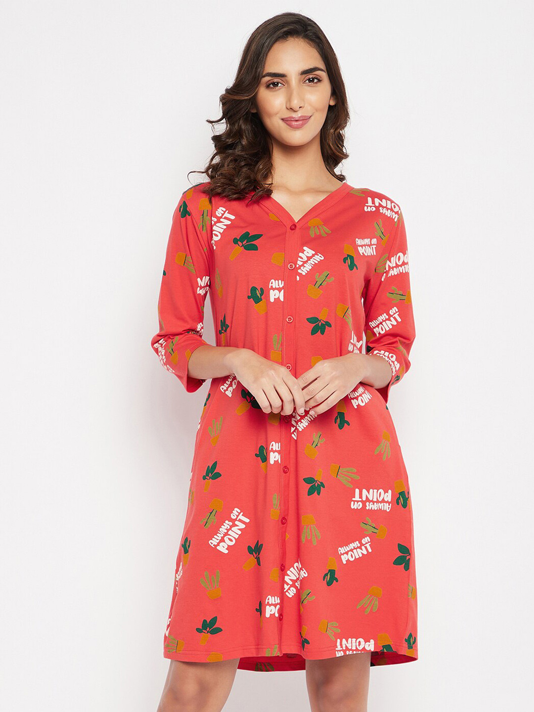 

Clovia Cactus Print Button Me Up Pure Cotton Nightdress, Red