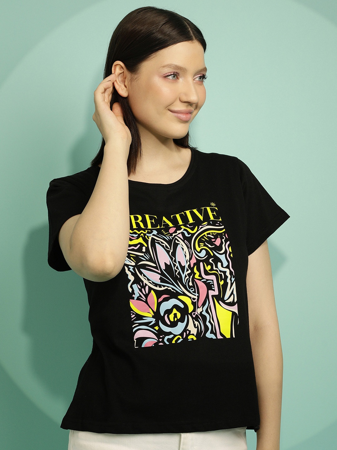 

Clovia Women Text & Graphic Printed Pure Cotton Lounge Tshirt, Black