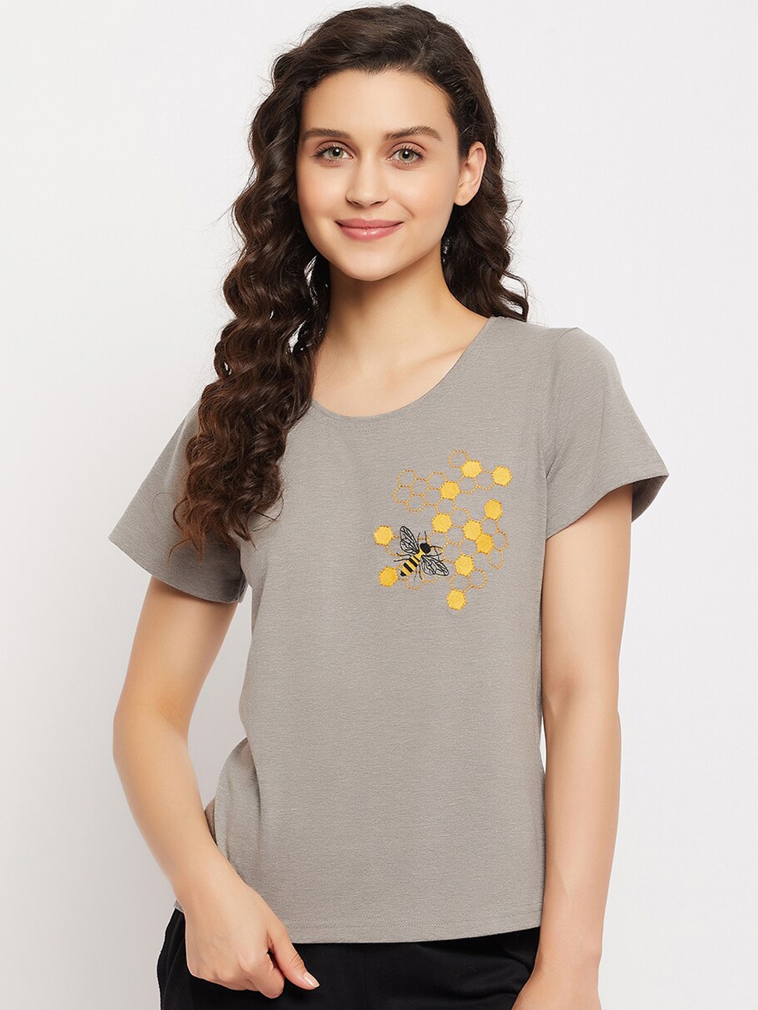

Clovia Women Embroidered Pure Cotton Lounge T-shirt, Grey