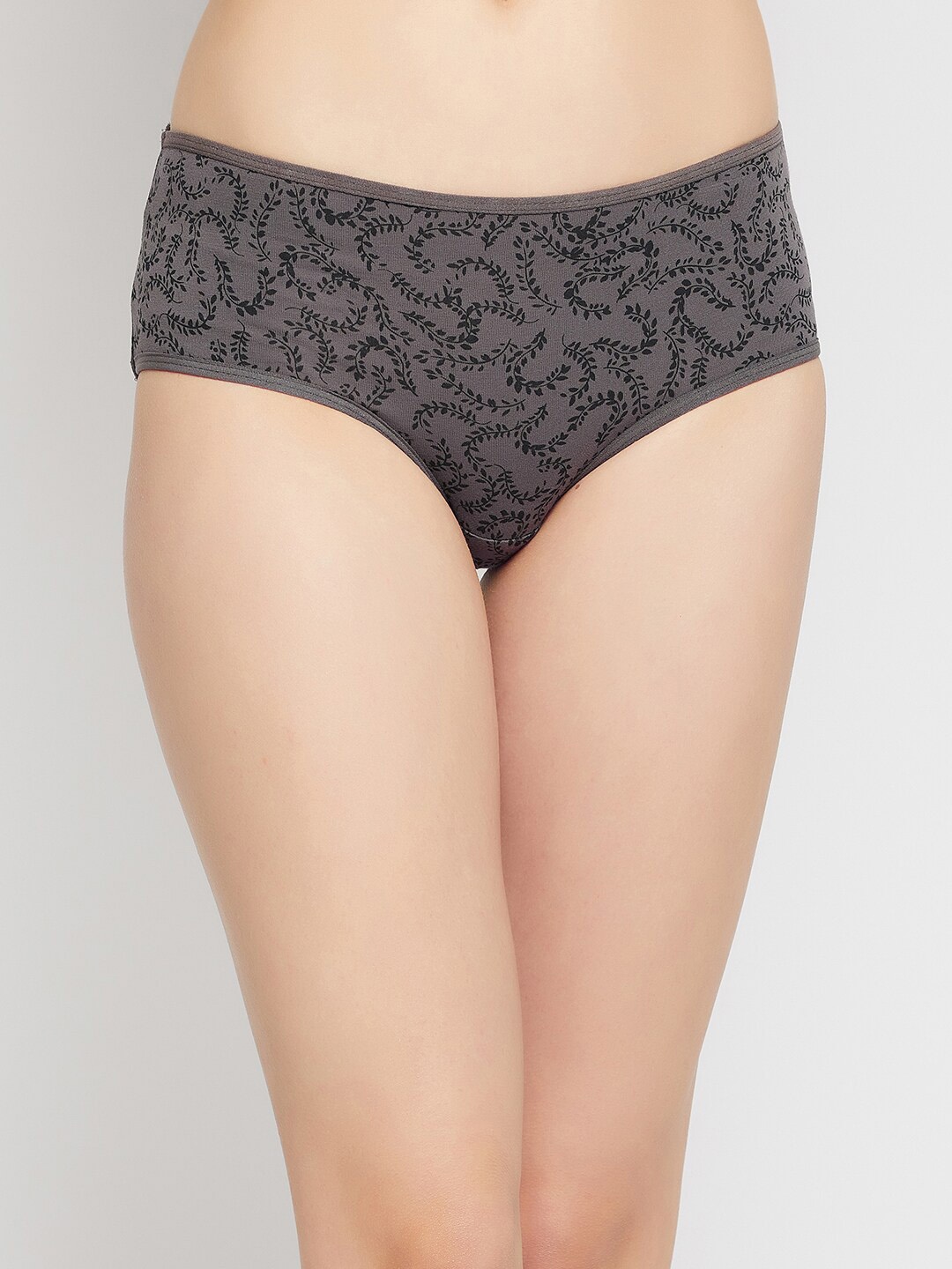 

Clovia Women Mid Waist Leaf Print Cotton Hipster Briefs, Grey