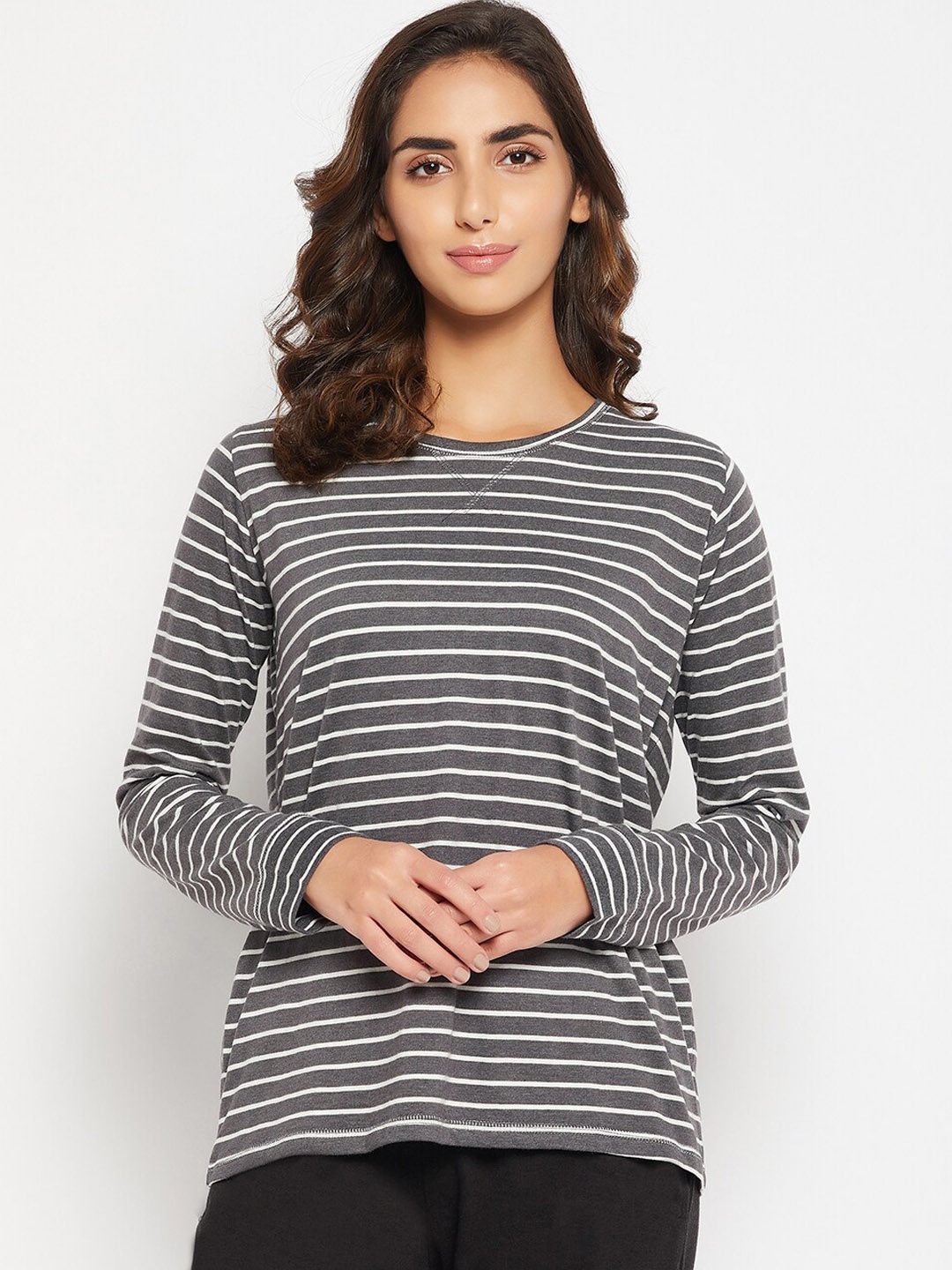 

Clovia Women Striped Pure Cotton Lounge T-shirts, Grey