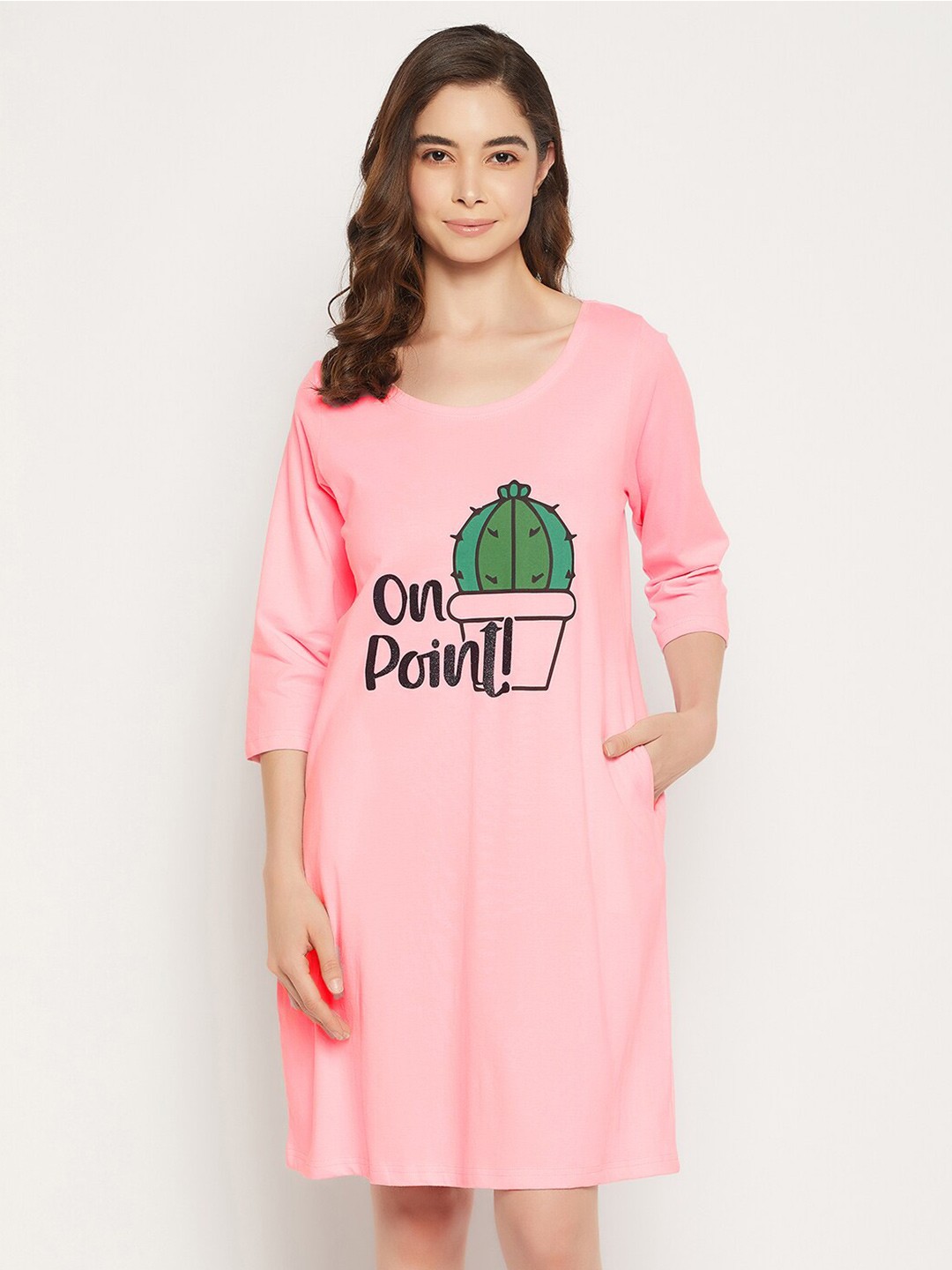 

Clovia Pure Cotton Cactus Print Short Night Dress, Pink
