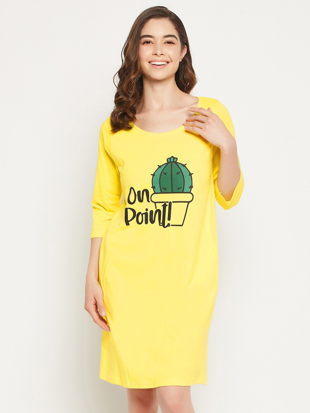 

Clovia Pure Cotton Cactus Print Short Night Dress, Yellow
