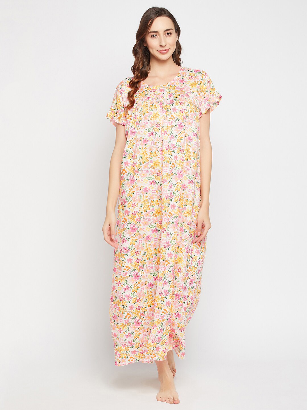 

Clovia Floral Printed Pure Cotton Maxi Nightdress, White
