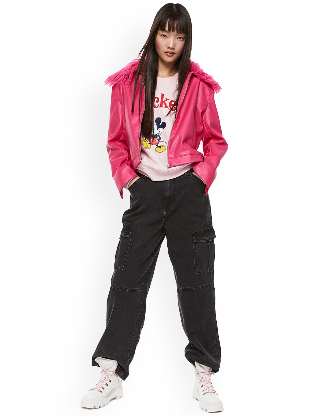 

H&M Women Fluffy-Collared Jacket, Pink