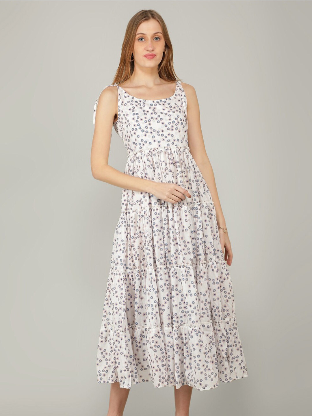 

NAVIYATA Floral Tie-Up Neck Ethnic Midi Dress, White