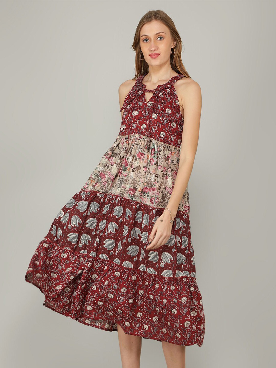 

NAVIYATA Floral Tie-Up Neck Midi Dress, Maroon