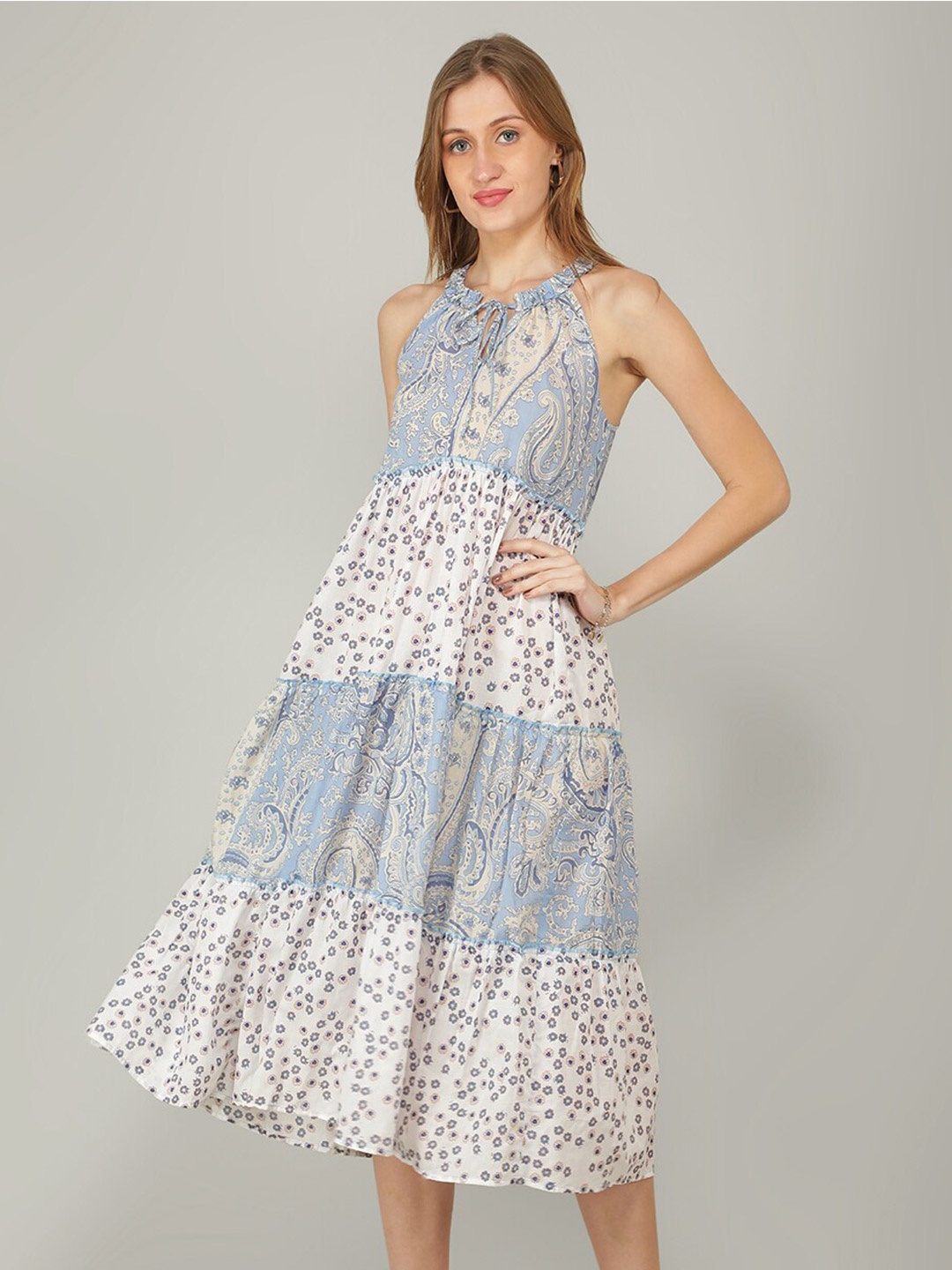 

NAVIYATA Floral Halter Neck Ethnic Midi Dress, Blue