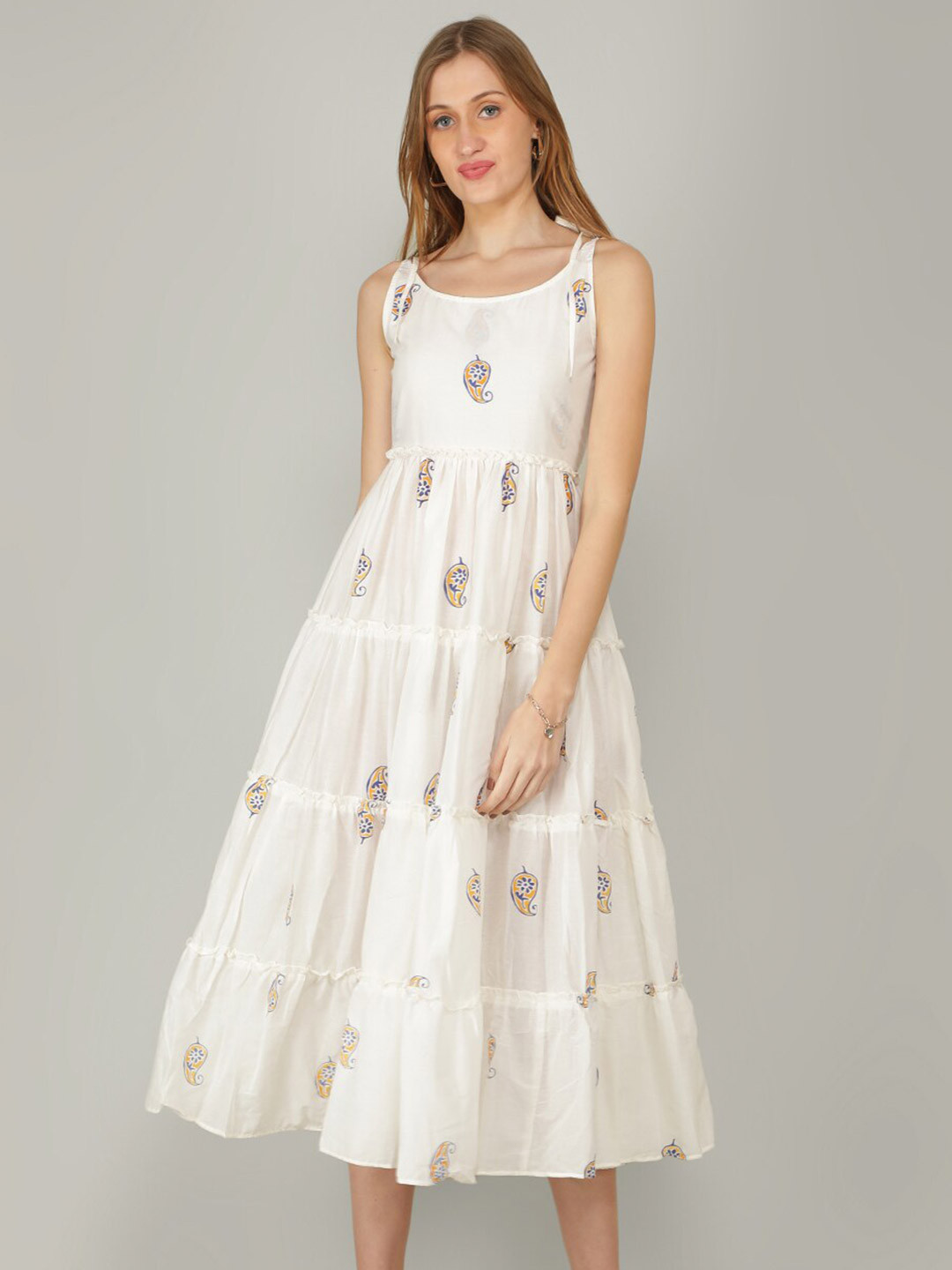 

NAVIYATA Ethnic Motifs Cotton Midi Dress, White