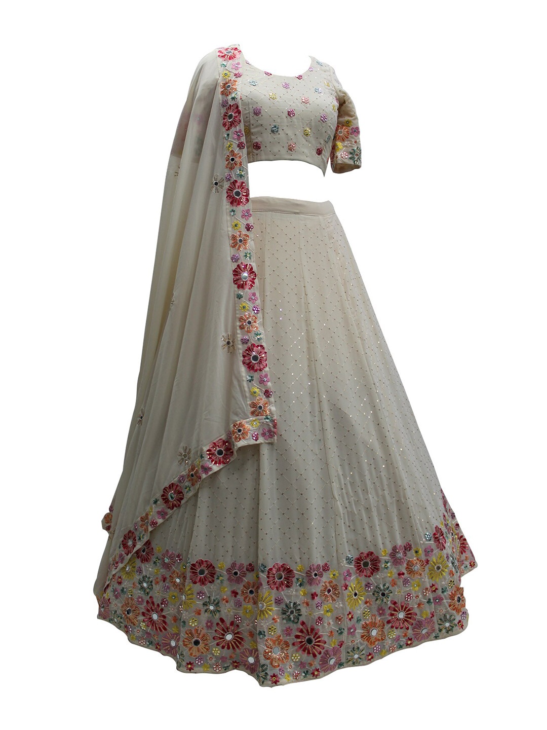

ODETTE Embroidered Semi-Stitched Lehenga & Unstitched Blouse With Dupatta, Beige