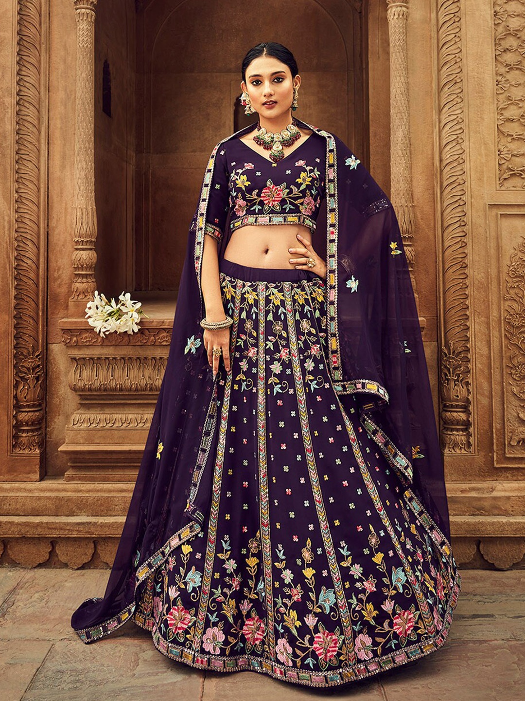 

ODETTE Embroidered Semi-Stitched Lehenga & Unstitched Blouse With Dupatta, Purple