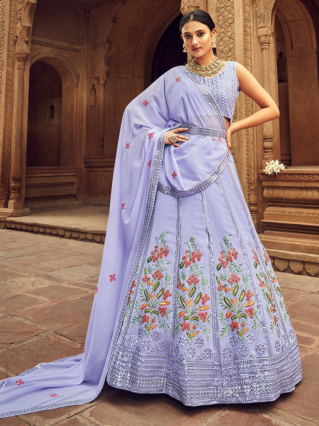 

ODETTE Embroidered Semi-Stitched Lehenga & Unstitched Blouse With Dupatta, Lavender