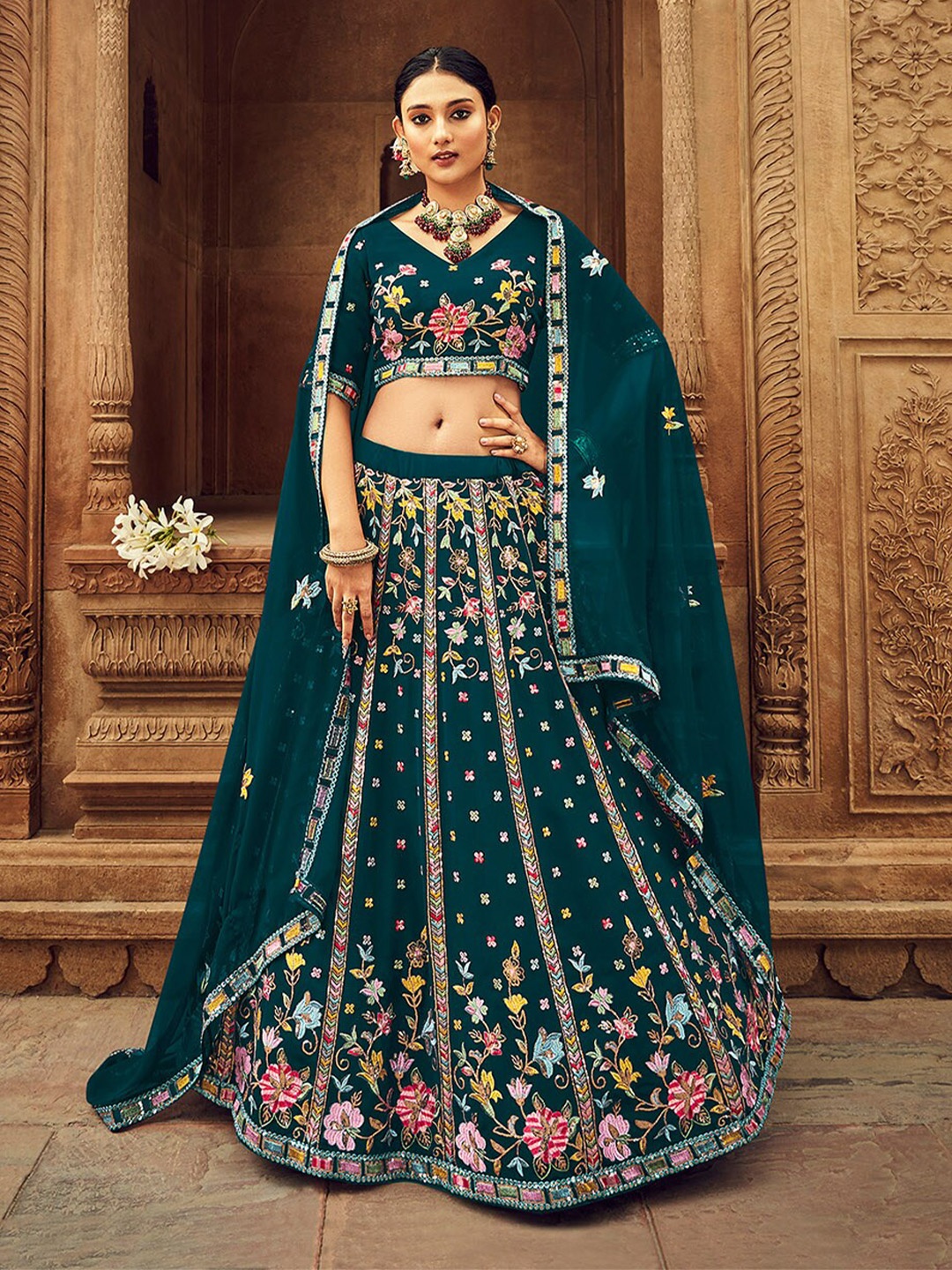 

ODETTE Embroidered Semi-Stitched Lehenga & Unstitched Blouse With Dupatta, Teal