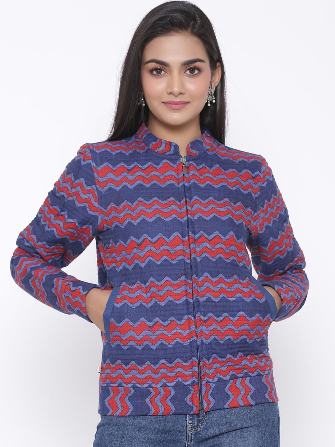 

fabGLOBAL Women Geometric Lightweight Cotton Tailored Jacket, Blue
