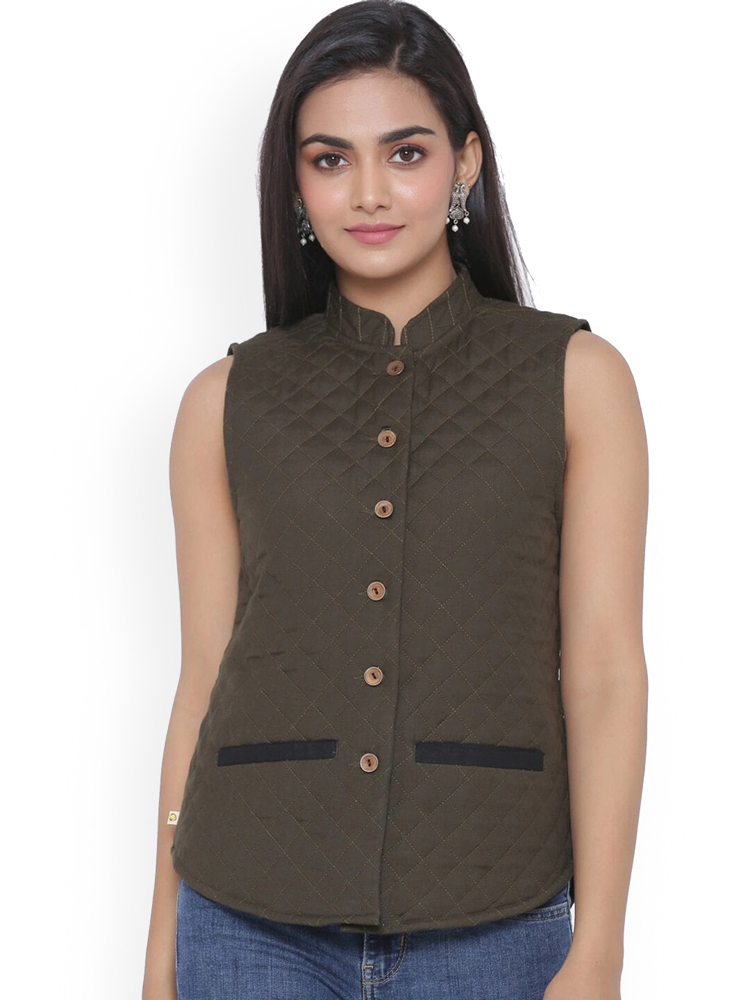 

fabGLOBAL Women Geometric Geometric Lightweight Quilted Jacket, Olive