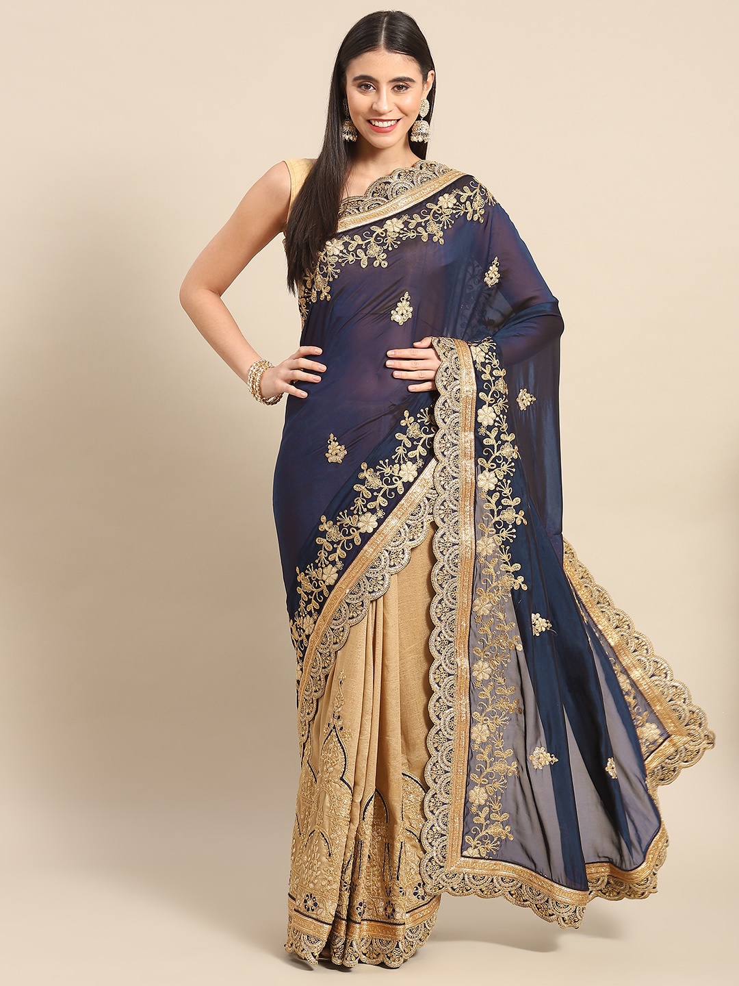 

Trendmalls Ethnic Motifs Zari Pure Silk Half and Half Saree, Navy blue