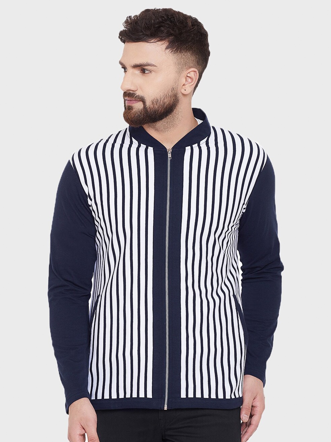 

Hypernation Striped Mandarin Collar Monochrome Slim Fit Cotton T-shirt, White