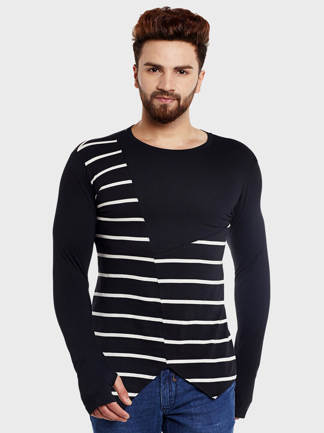 

Hypernation Striped Monochrome Slim Fit Cotton T-shirt, Black
