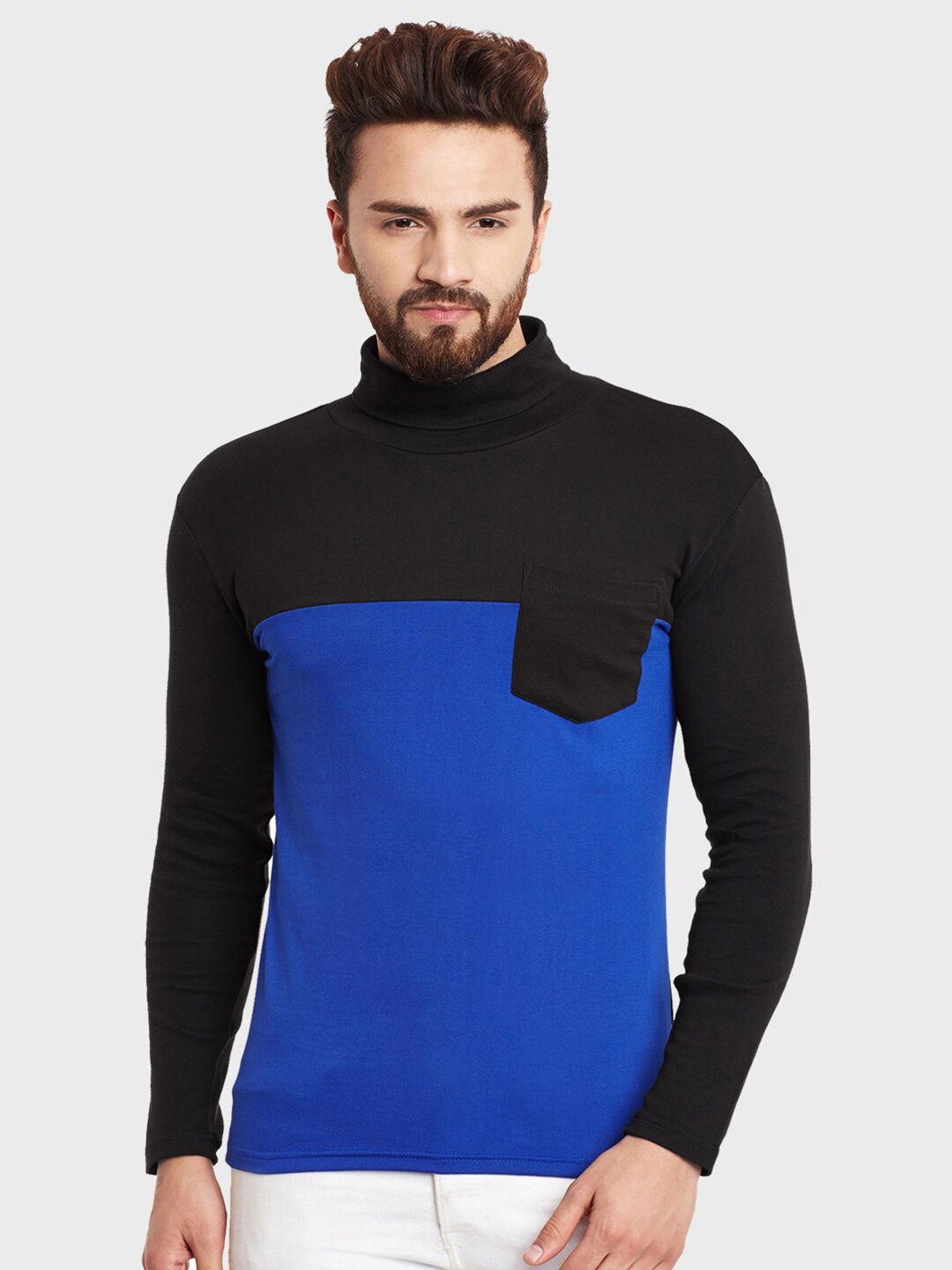 

Hypernation Men Colourblocked High Neck Slim Fit Cotton T-shirt, Blue