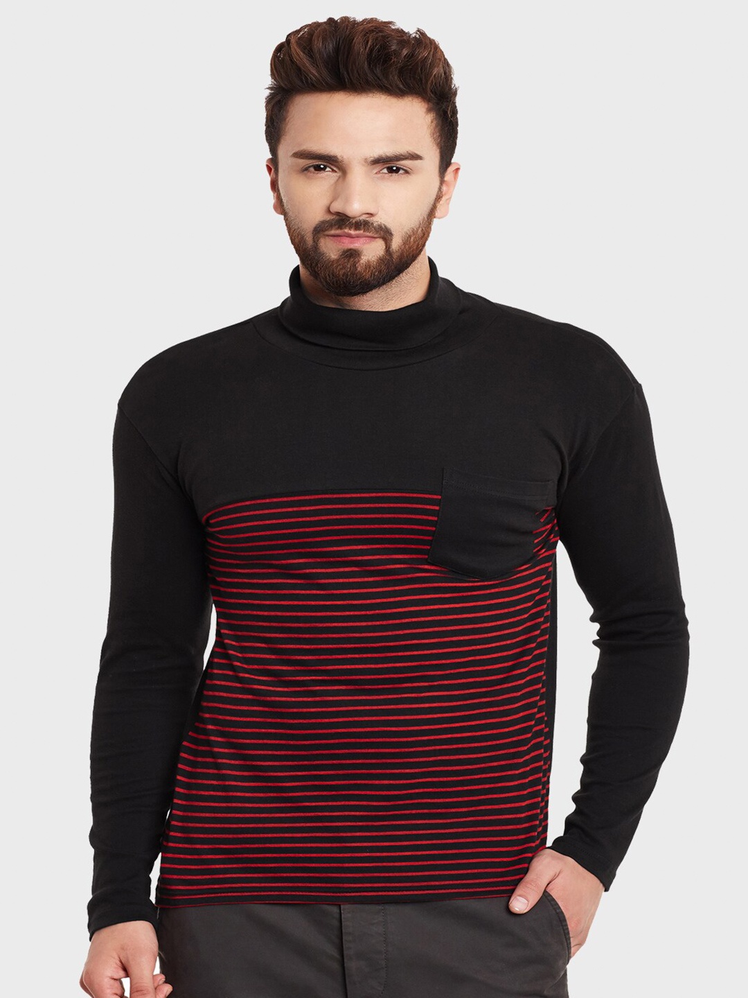 

Hypernation Men Striped High Neck Pure Cotton T-shirt, Black