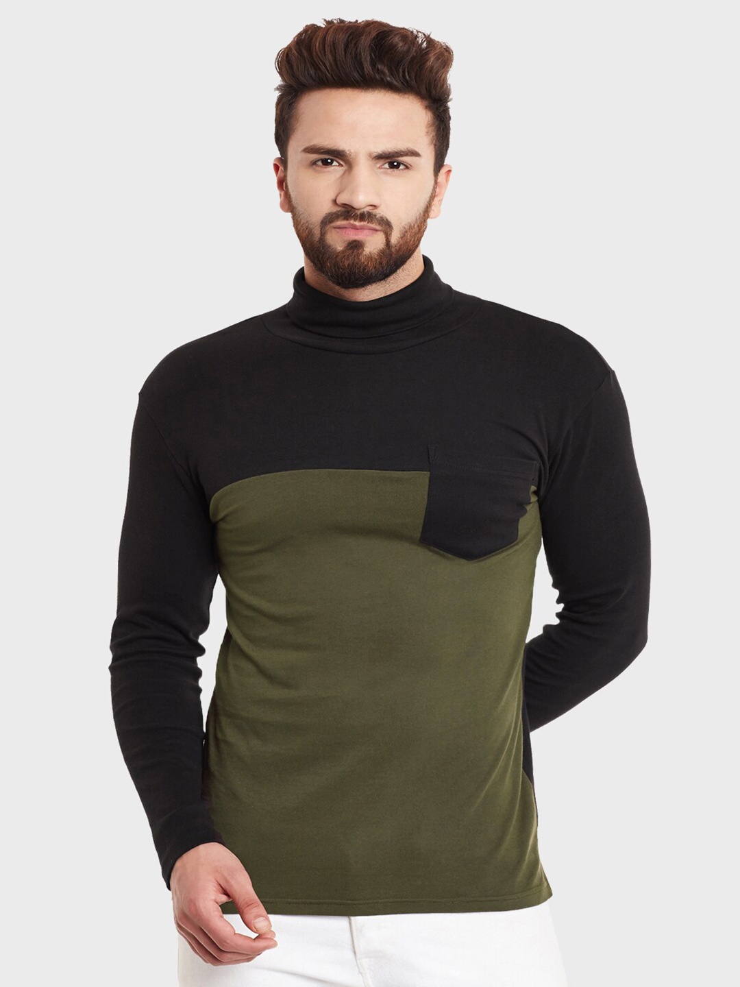 

Hypernation Men Colourblocked High Neck Slim Fit Pure Cotton T-shirt, Olive