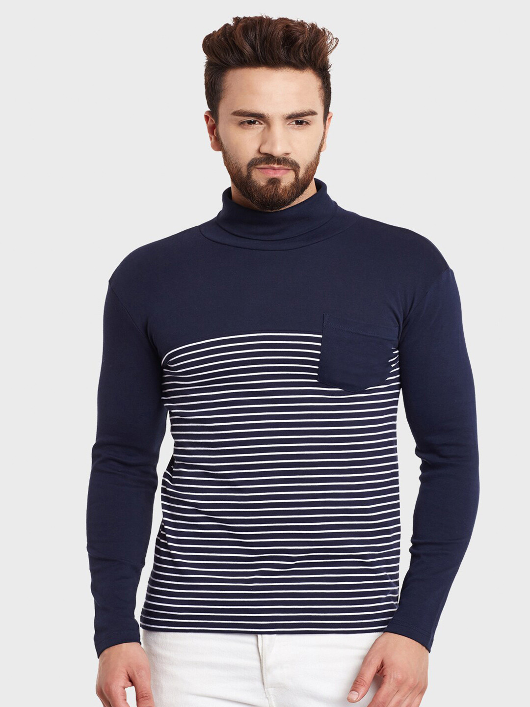 

Hypernation Men Striped High Neck Slim Fit Cotton T-shirt, Navy blue