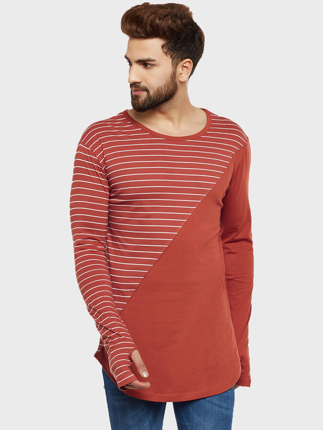

Hypernation Men Striped Slim Fit T-shirt, Orange