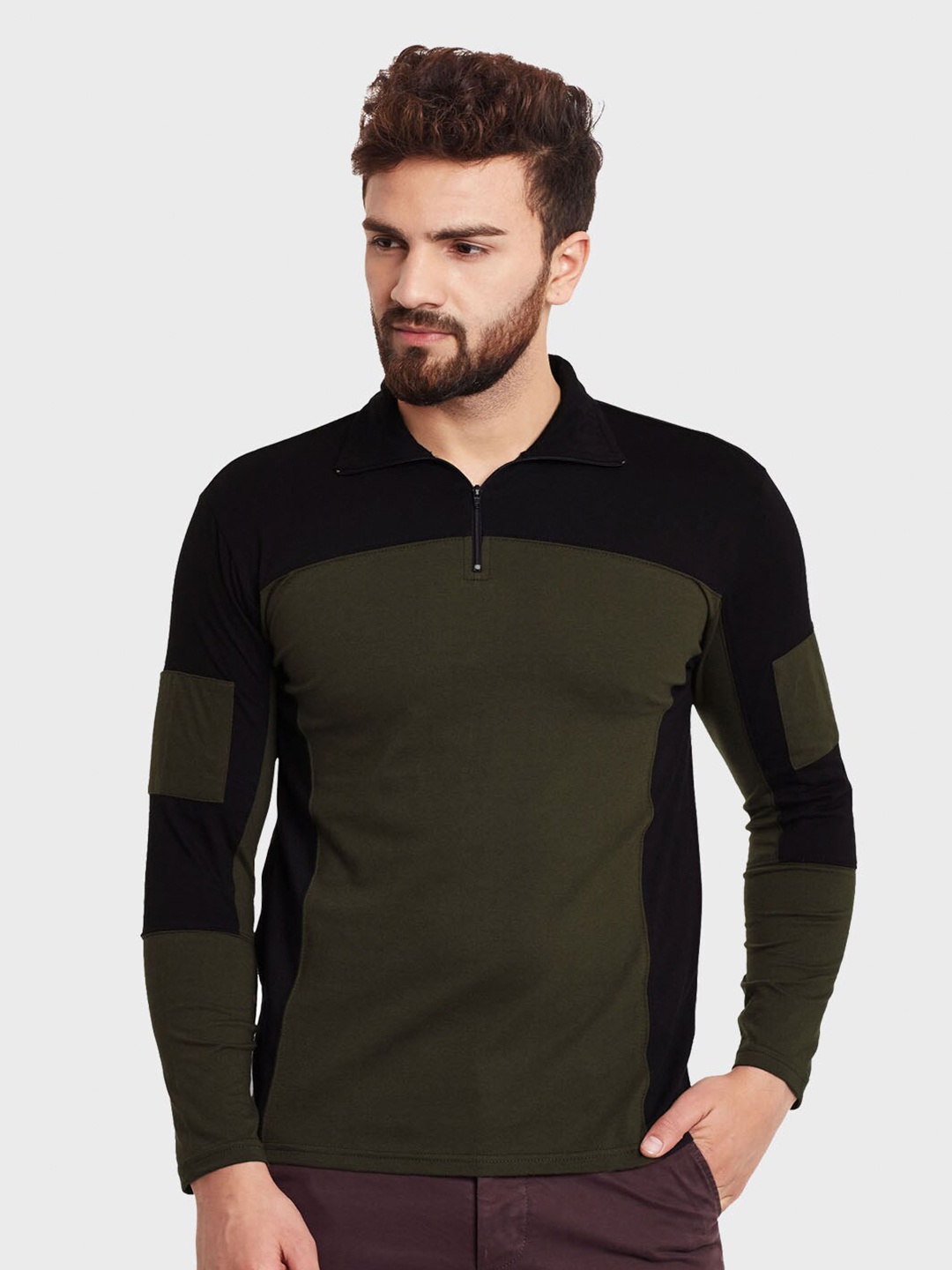 

Hypernation Men Colourblocked Polo Collar Slim Fit Pure Cotton T-shirt, Green
