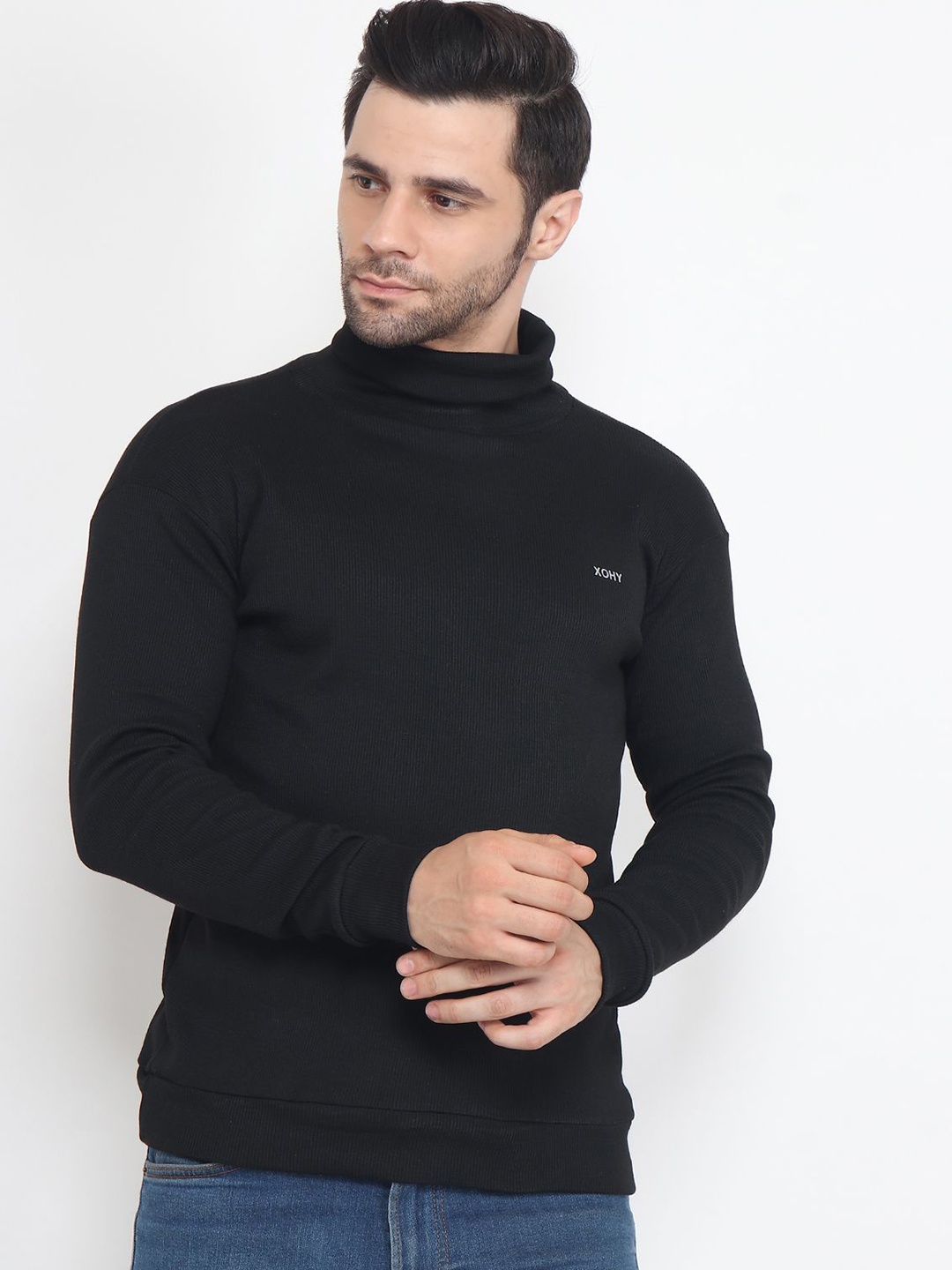 

Xohy Men Rib Knit Full Sleeve Turtle Neck Regular Fit Pullover, Black