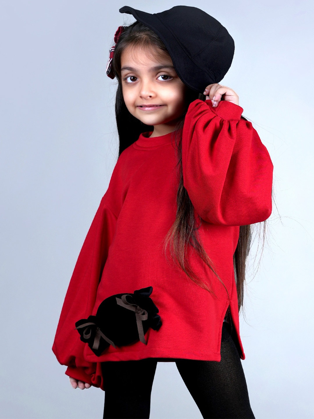 

Beyabella Girls Solid Longline Embellished Sweatshirt, Red