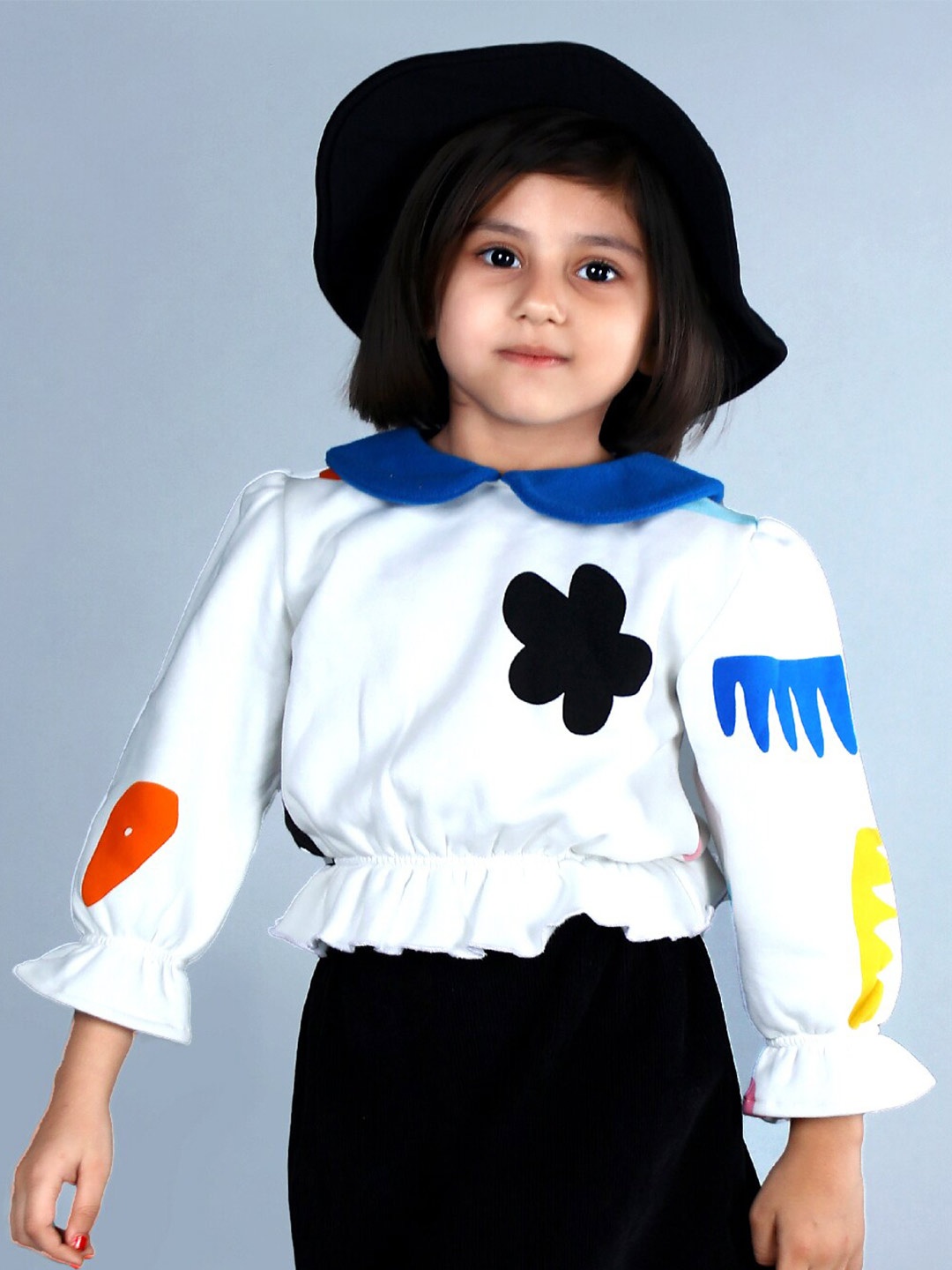 

Beyabella Kids Girls Printed Peter Pan Collar Top, White