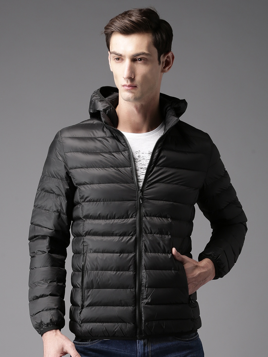 

HERE&NOW Men Black Solid Puffer Jacket with Detachable Hood