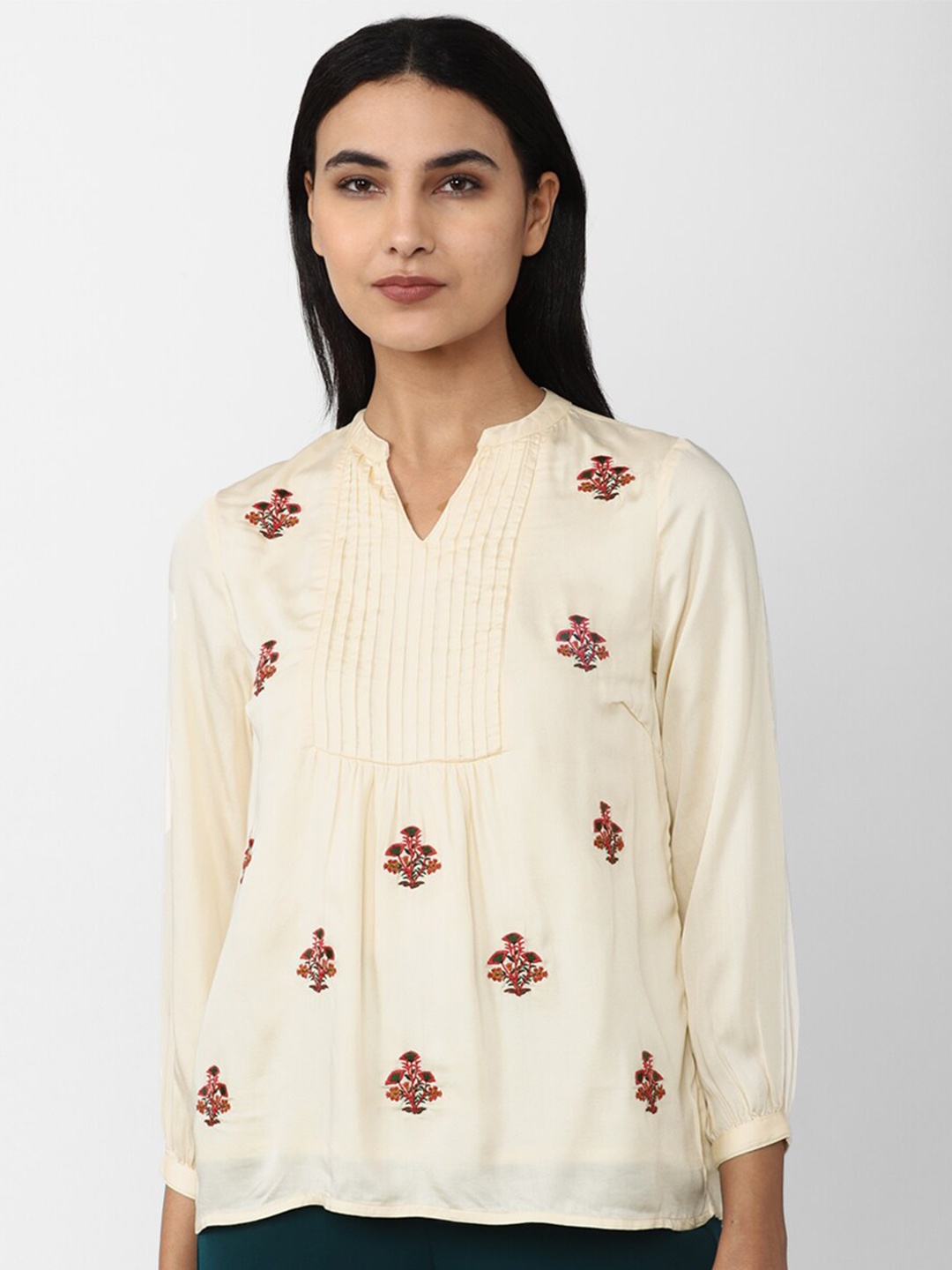 

Van Heusen Floral Embroidered Mandarin Collar Top, Cream
