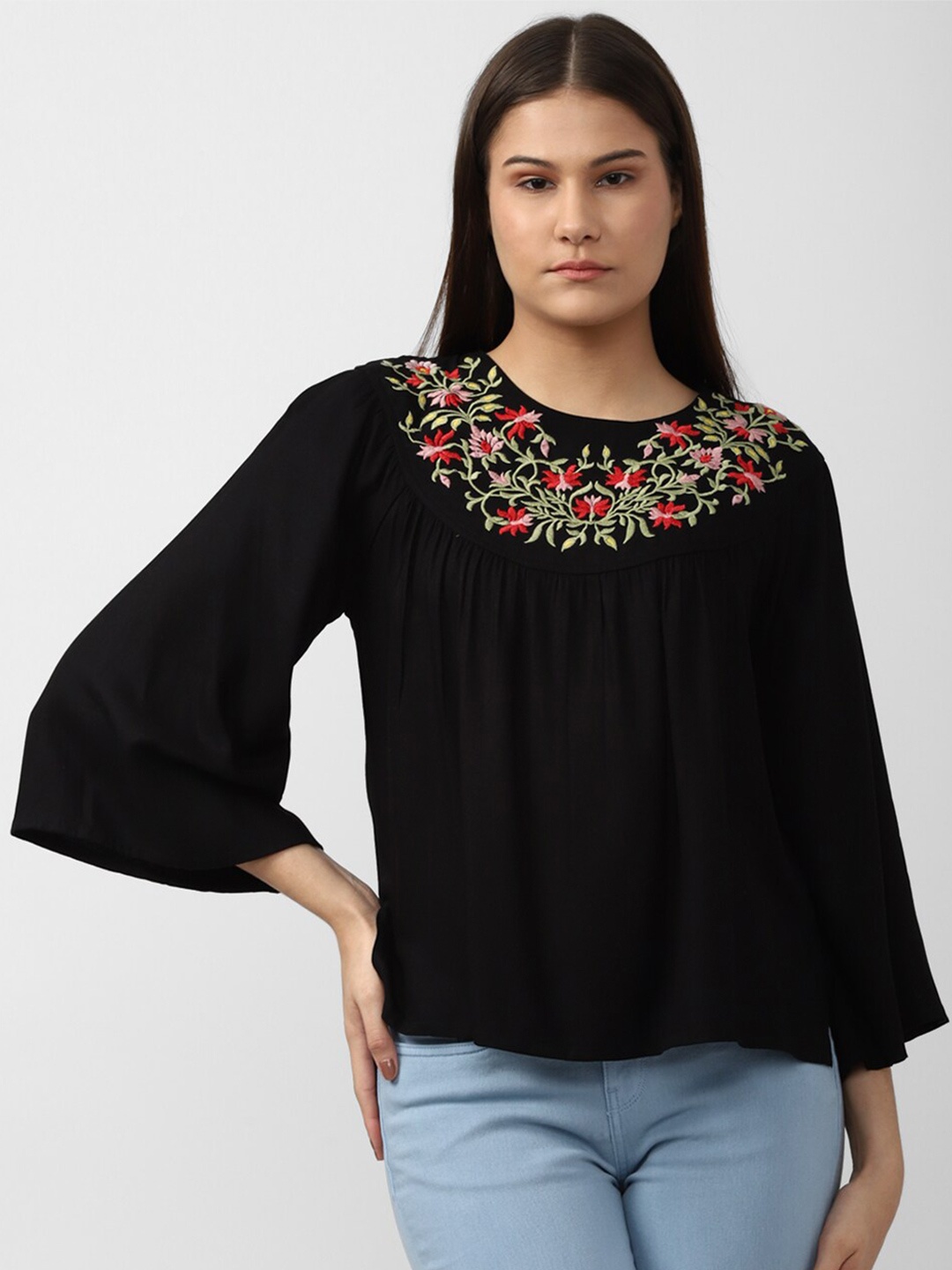 

Van Heusen Woman Floral Embroidered Top, Black