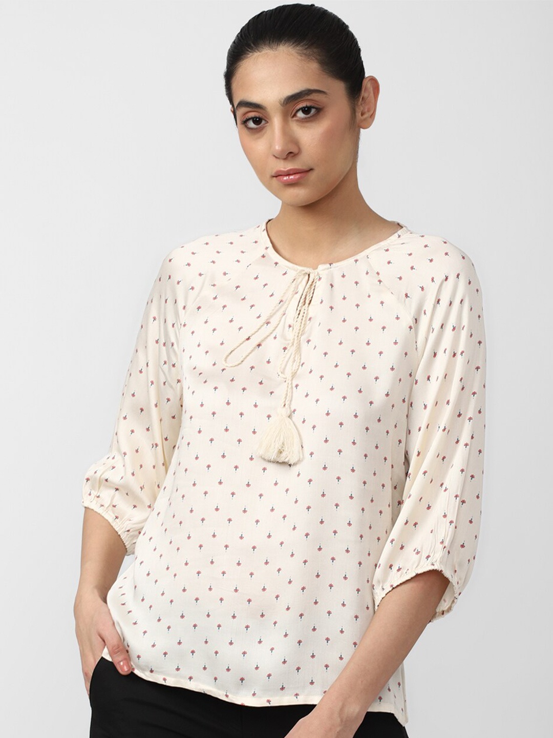 

Van Heusen Woman Floral Print Tie-Up Neck Top, Cream